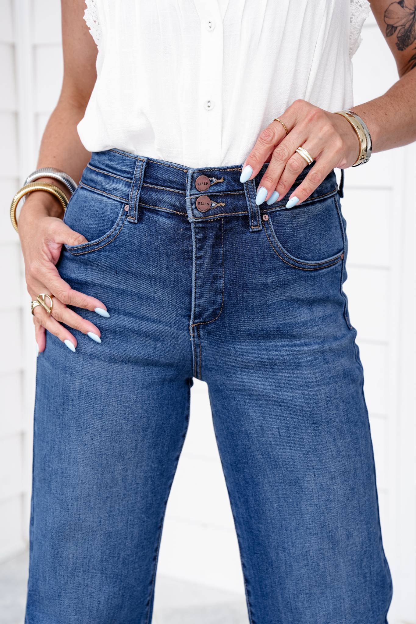 Risen Material Girl High Rise Medium Wash Tummy Control Double Button Elastic Waistband Jeans