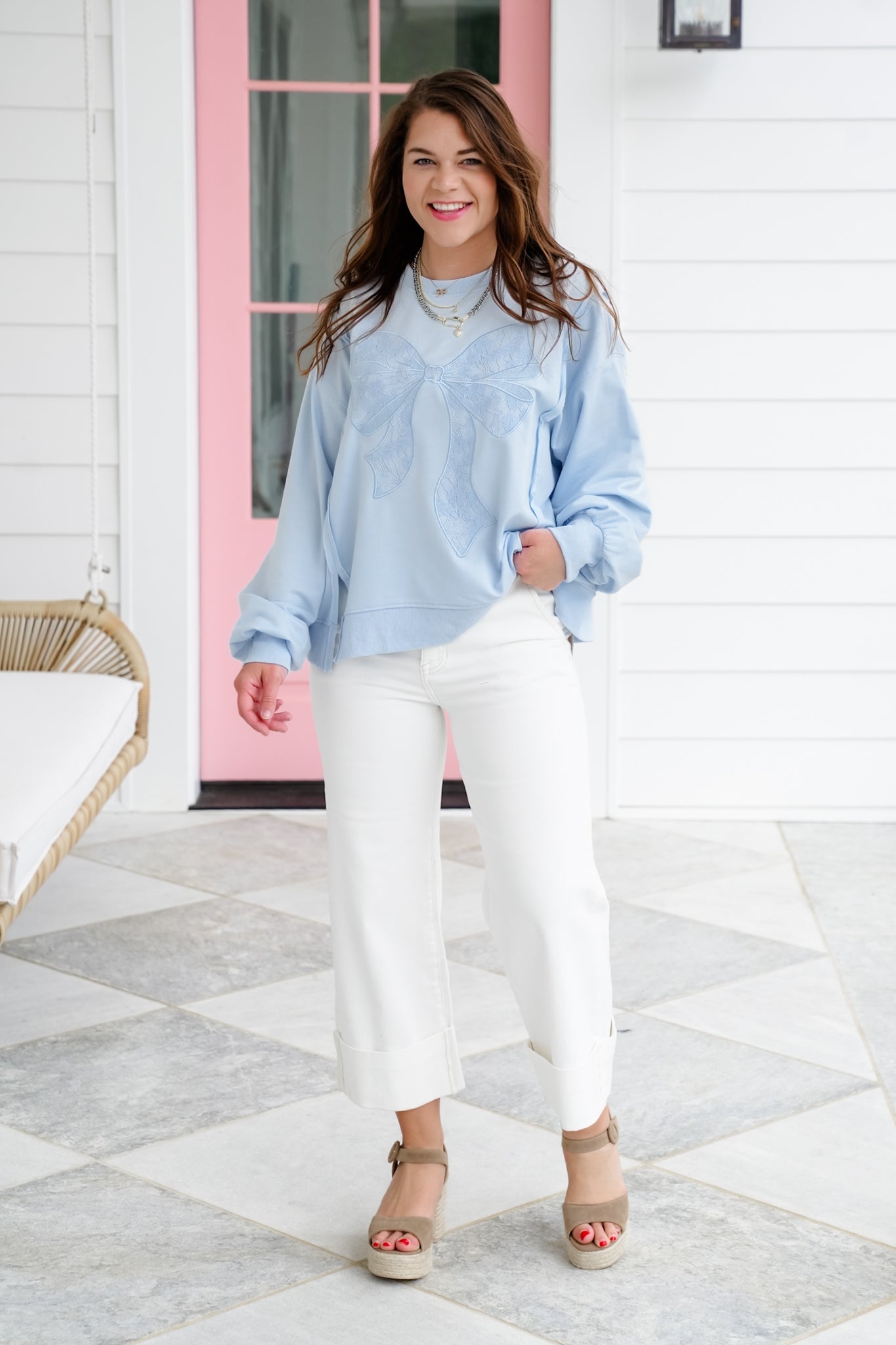 Long Sleeve Pullover Sweatshirt with Lace Bow Detail