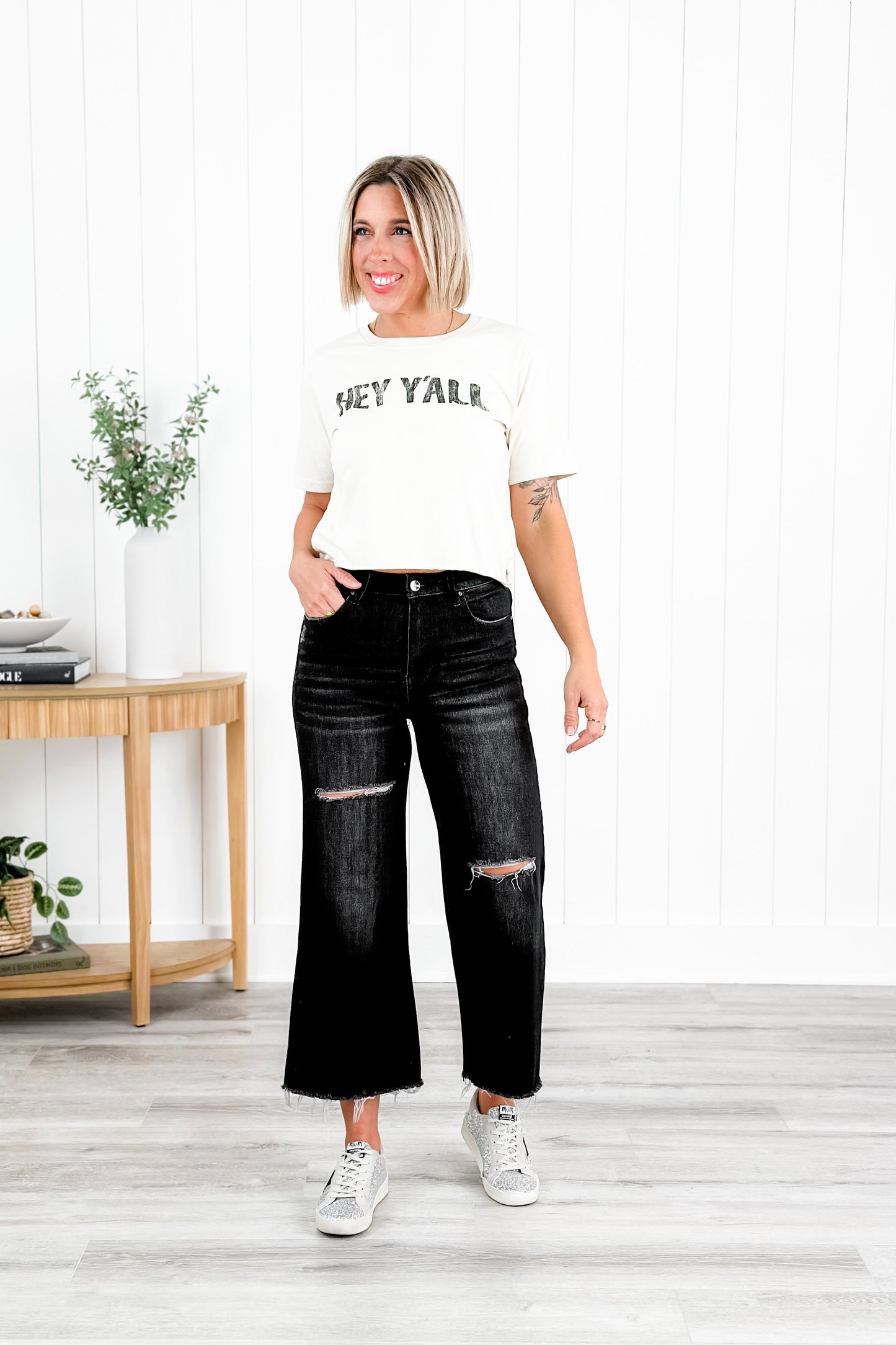 Risen High Rise Black Frayed Ankle Wide Leg Jeans