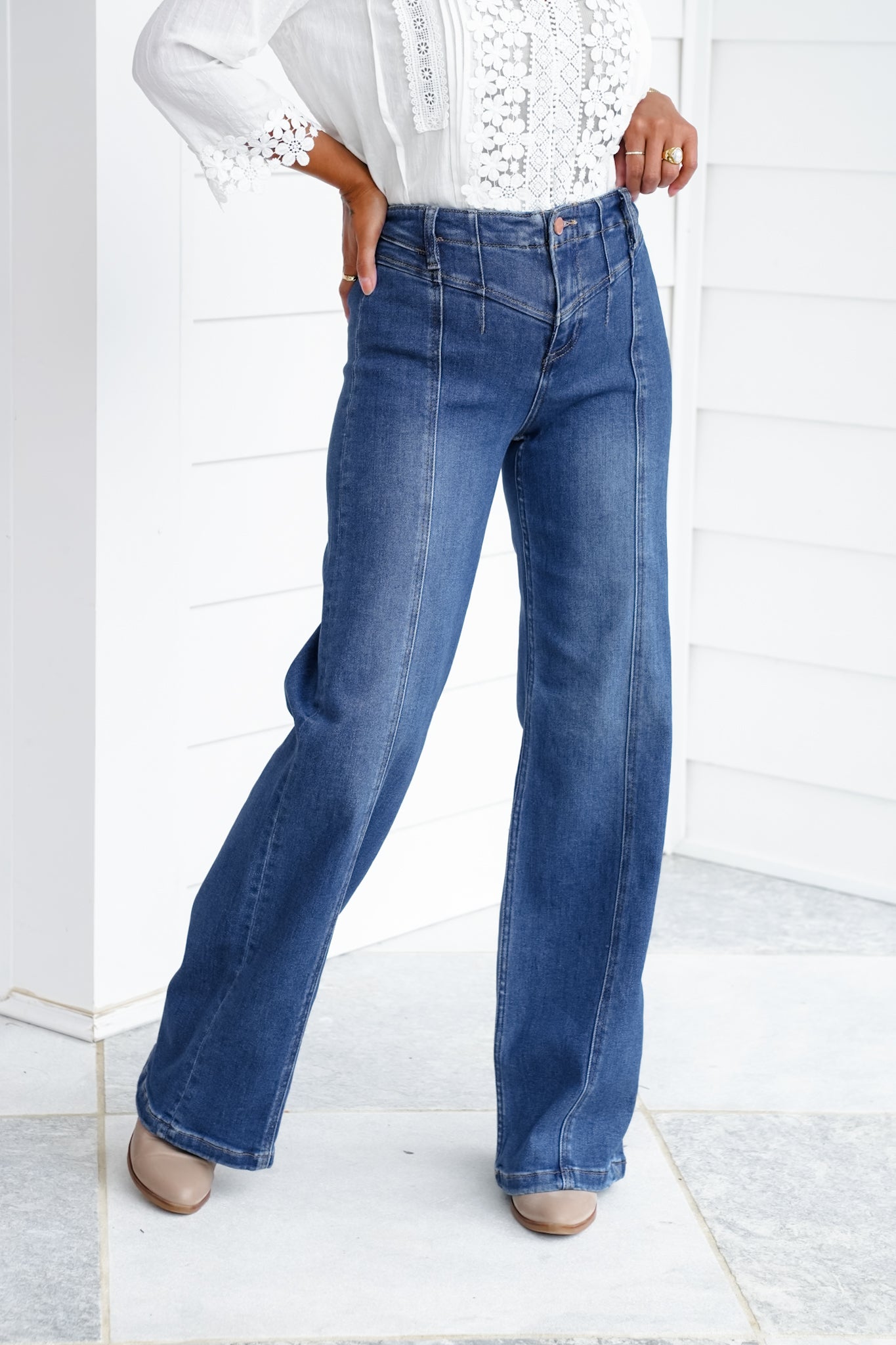 Risen High Rise Dark Wash Wide Leg Jeans with Front Yoke Detail