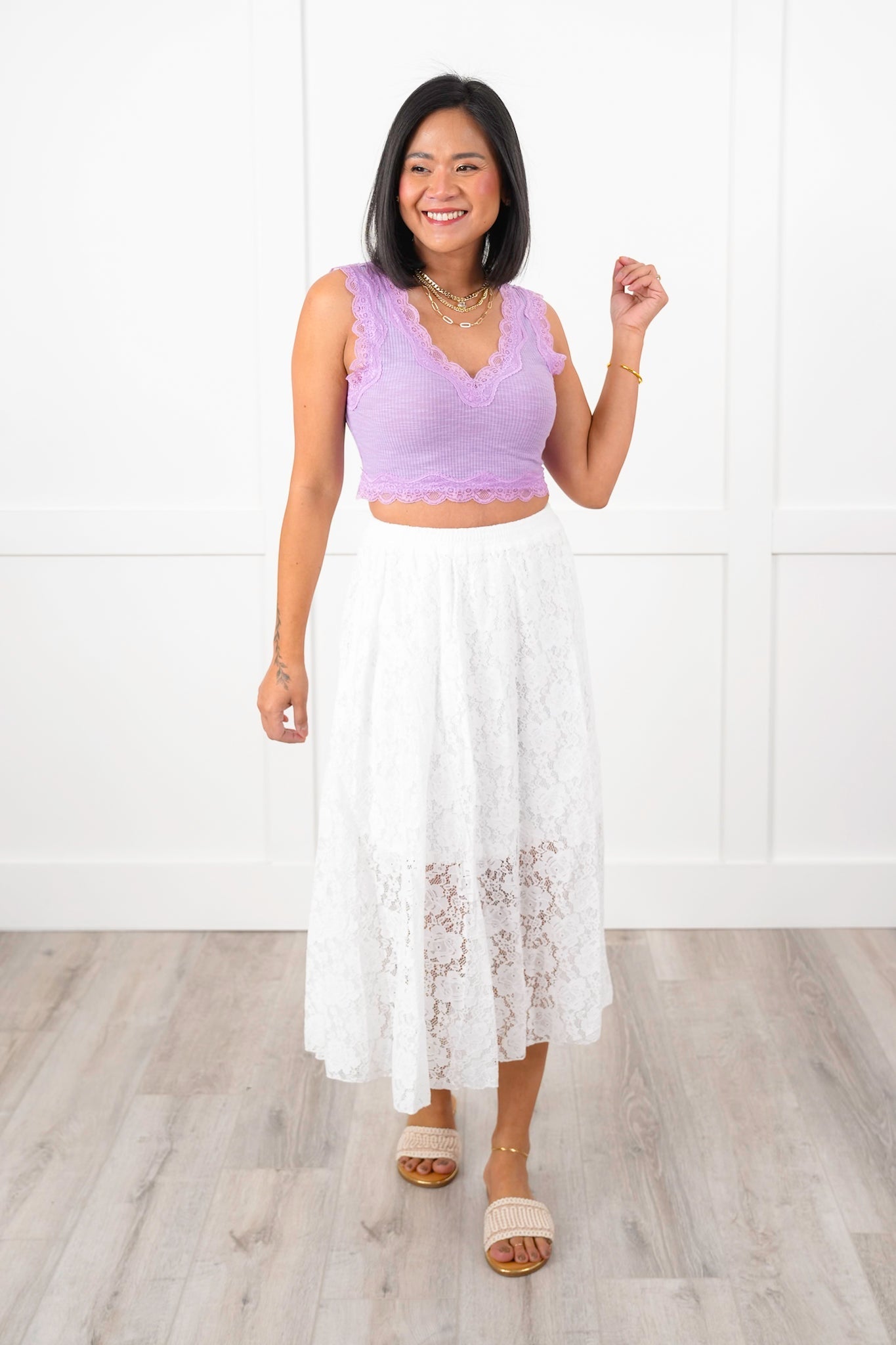 Restock! POL Rib Knit Sleeveless Double V Neck Crop Top with Lace Detail