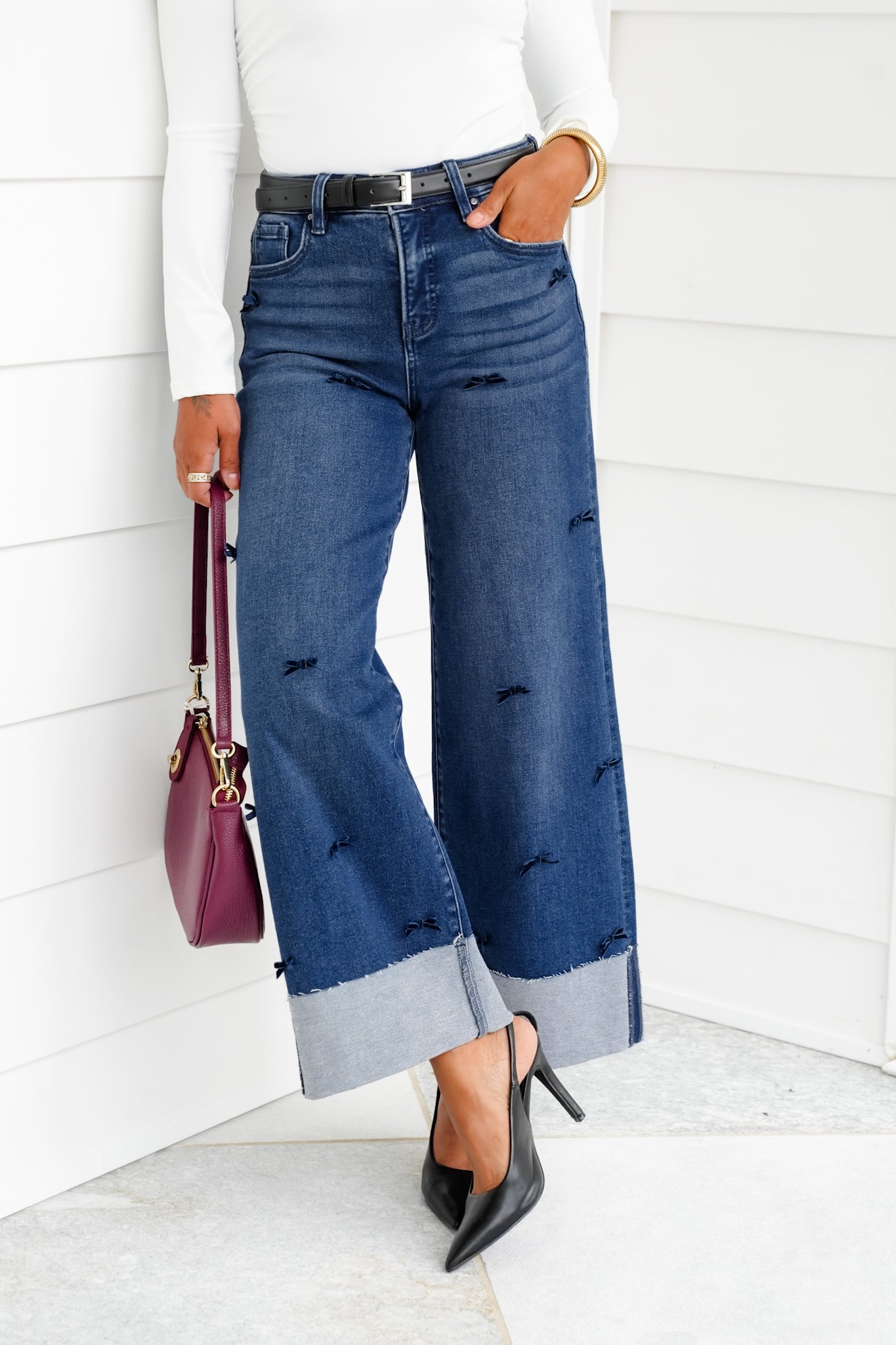 Risen High Rise Dark Wash Tummy Control Crop Wide Leg Jeans with Bows
