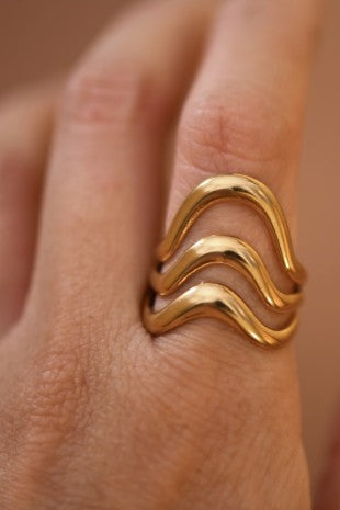 18k Non-Tarnish Stainless Steel Adjustable Stacked Wave Ring