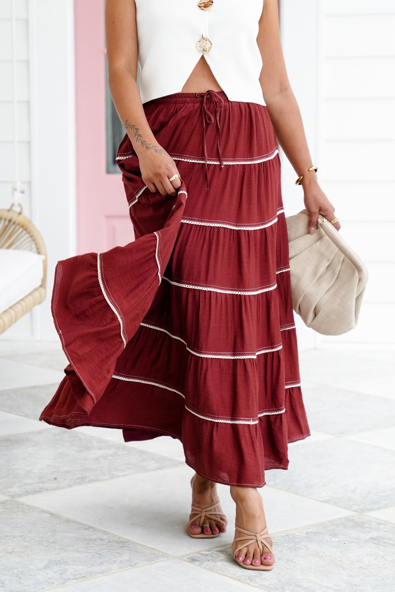 Elastic Waist Tiered Maxi Skirt with Crochet Trim Detail
