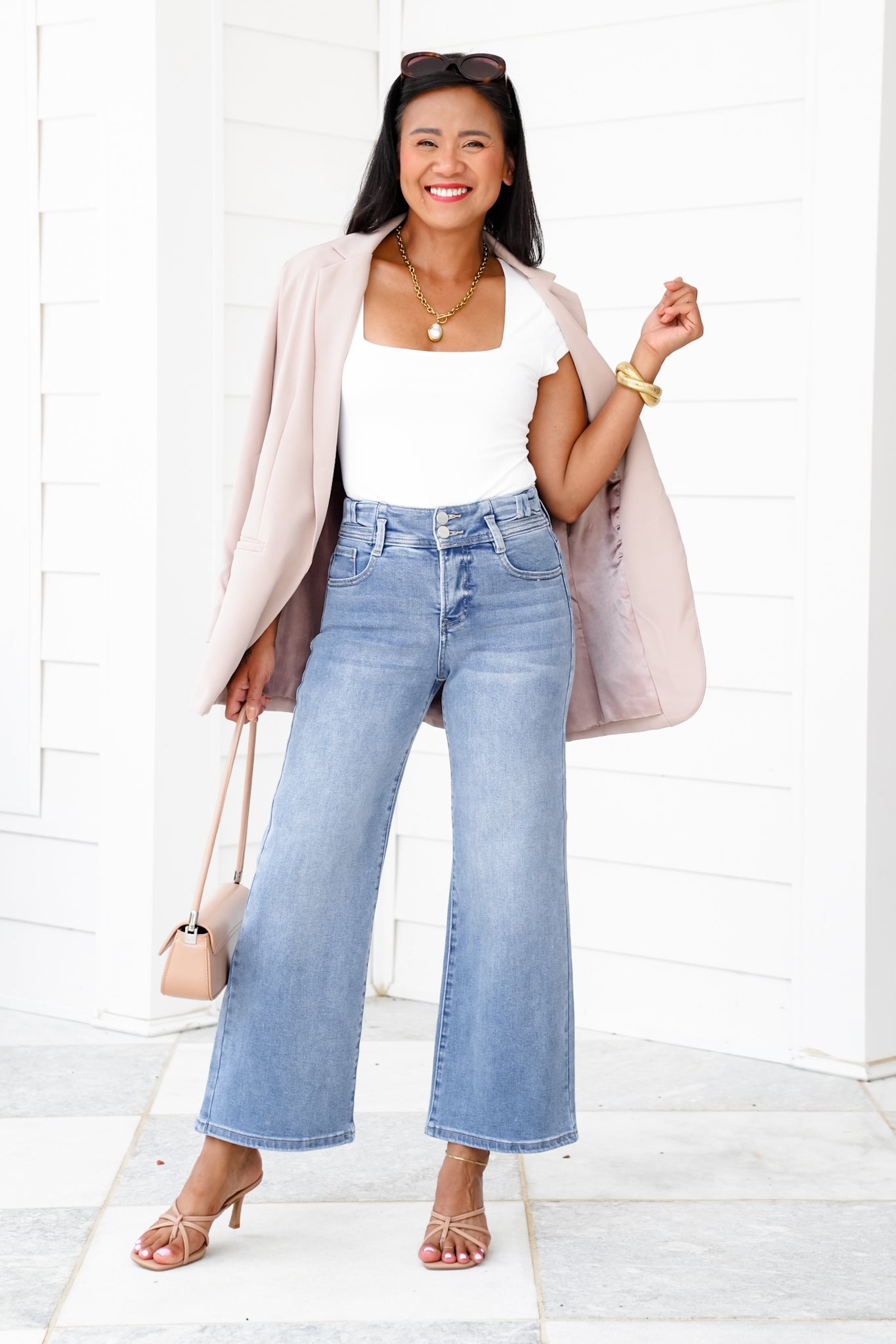 Risen High Rise Medium Wash Tummy Control Crop Wide Leg Jeans with Bow Detail