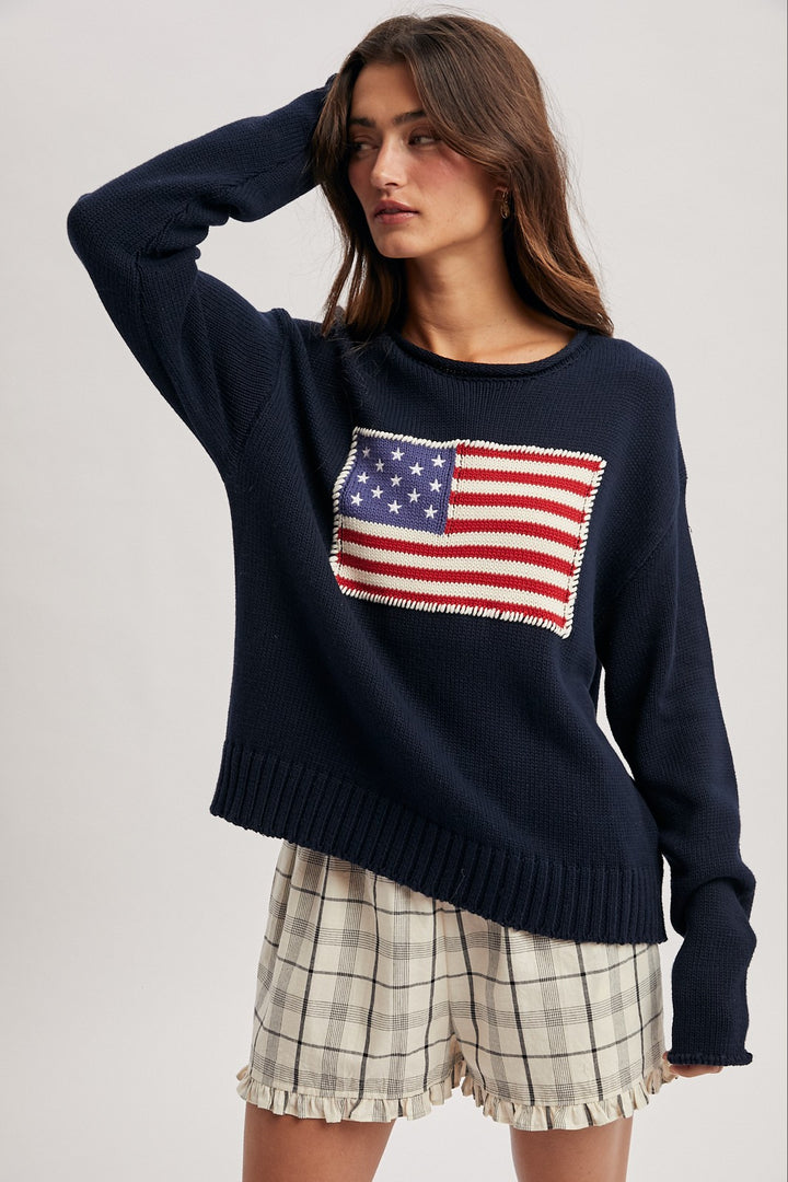Long Sleeve American Flag Pullover Sweater