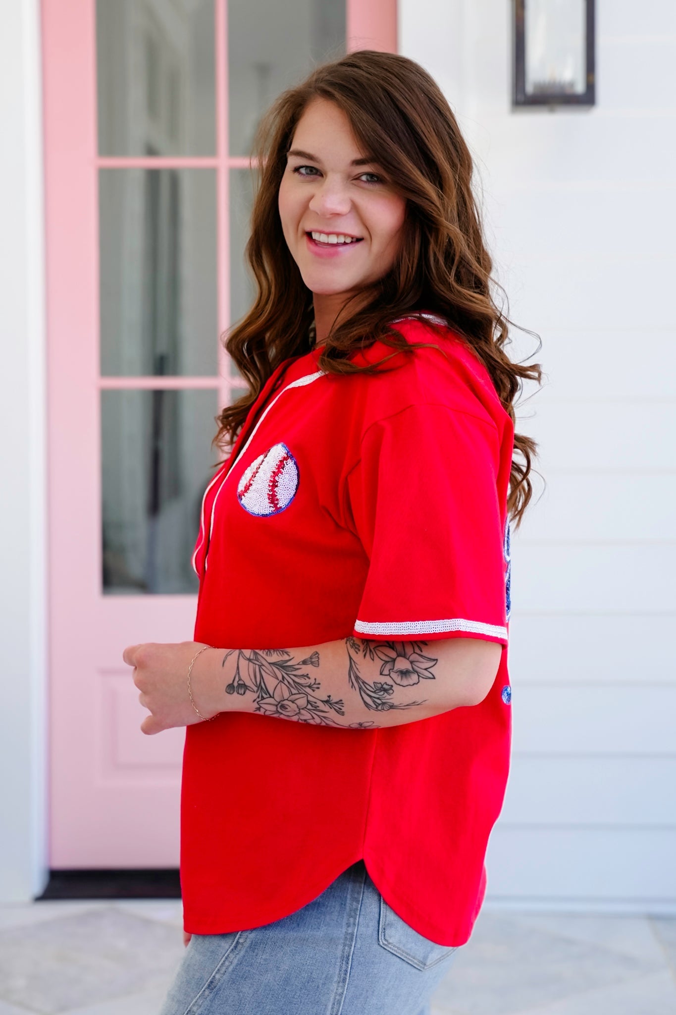 Red Short Sleeve Button Down Baseball Top with Sequin Detail