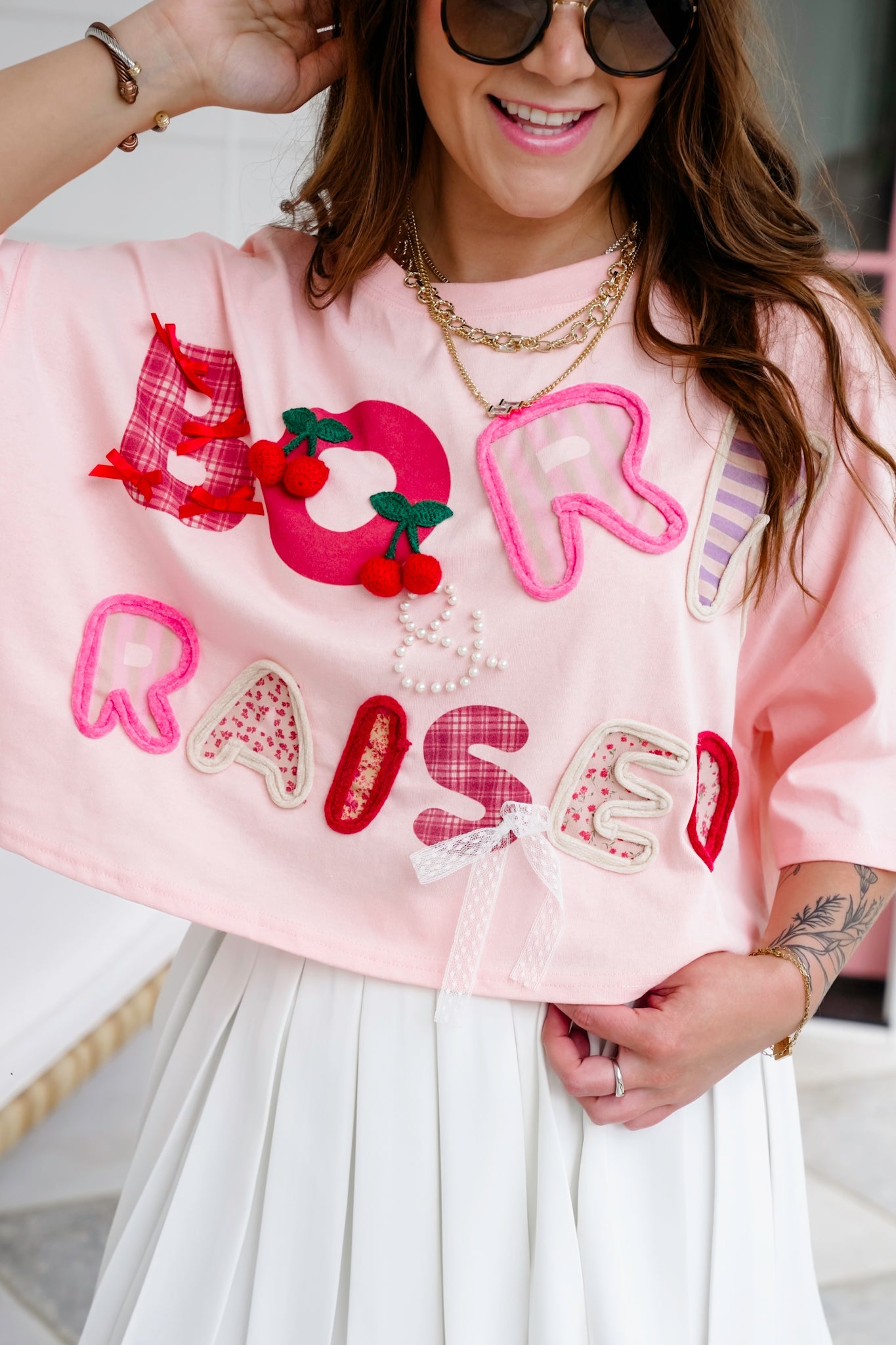 Short Sleeve "Born & Raised" Patchwork Crop Top