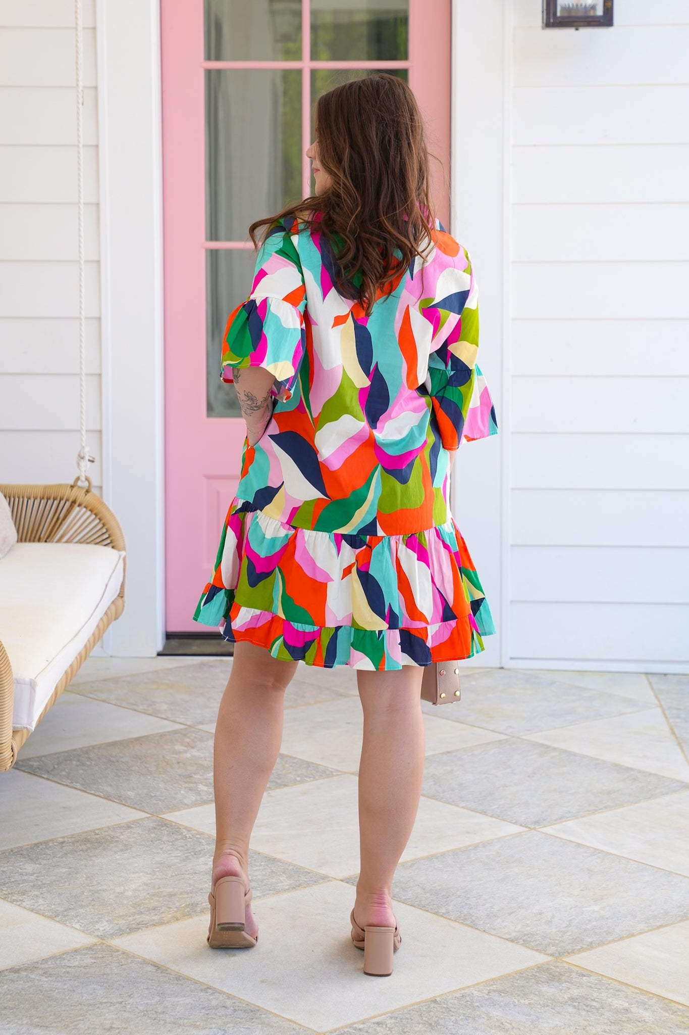 Plus/Reg Abstract Print Half Bell Sleeve Button Up Dress