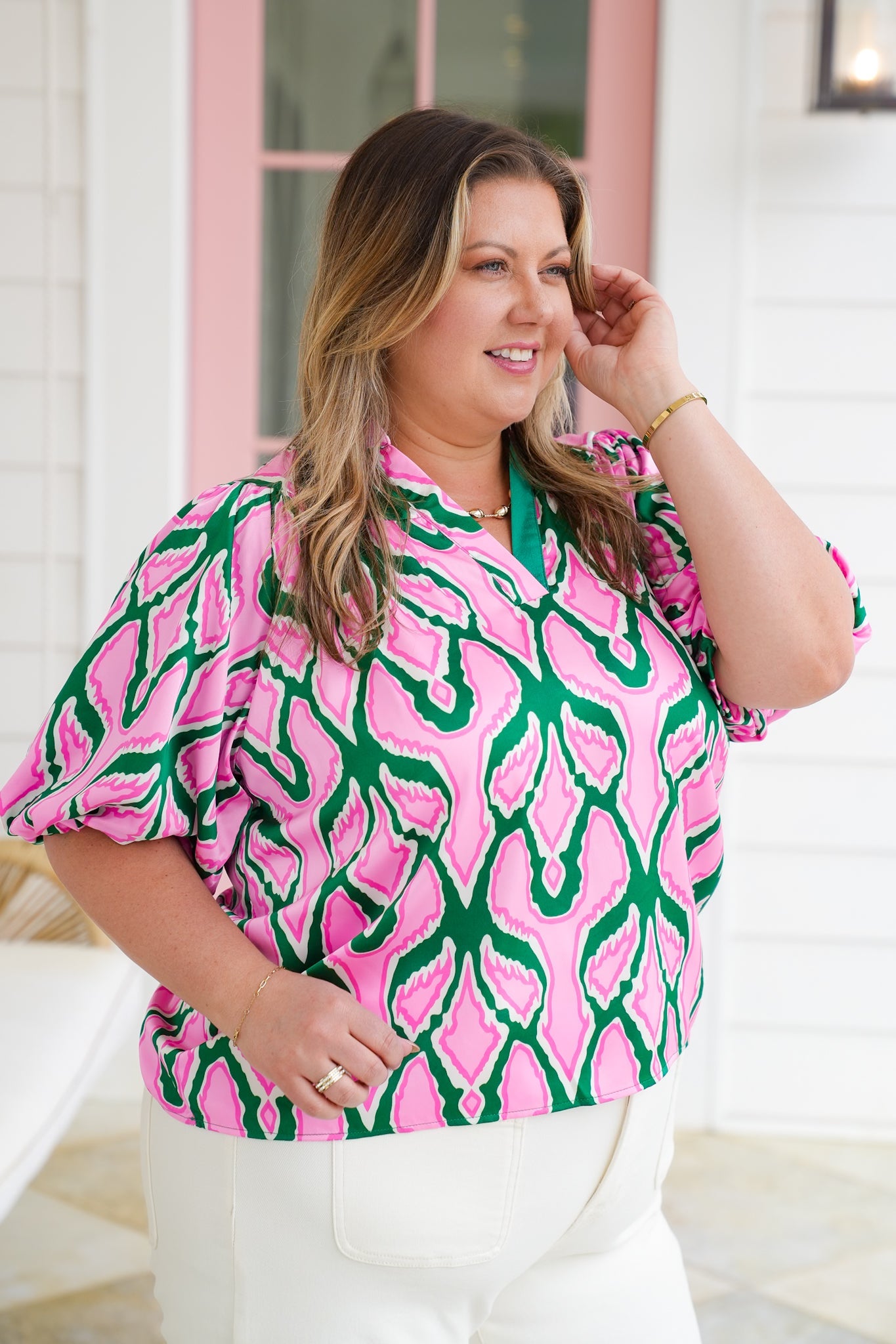 Multi Print Short Puff Sleeve V Neck Blouse