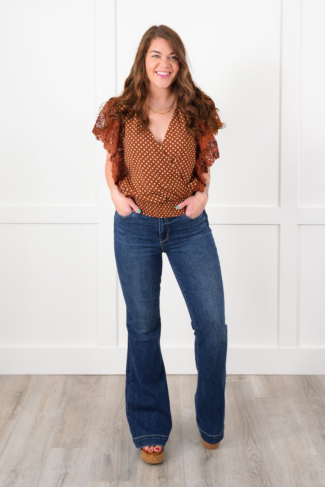 Polka Dot Short Ruffle Sleeve Wrap Top with Lace Detail