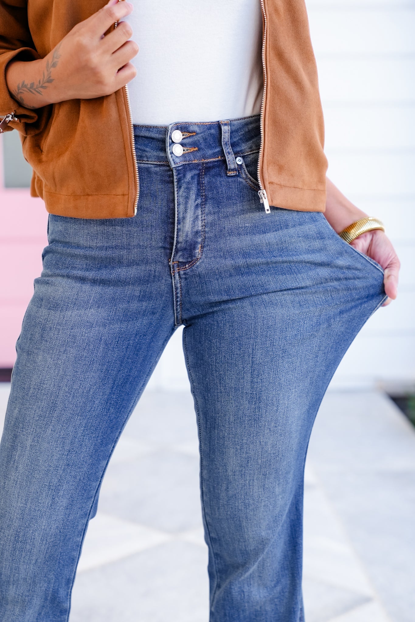 Judy Blue High Rise Medium Wash Tummy Control Flare Jeans with Double Button Waistband