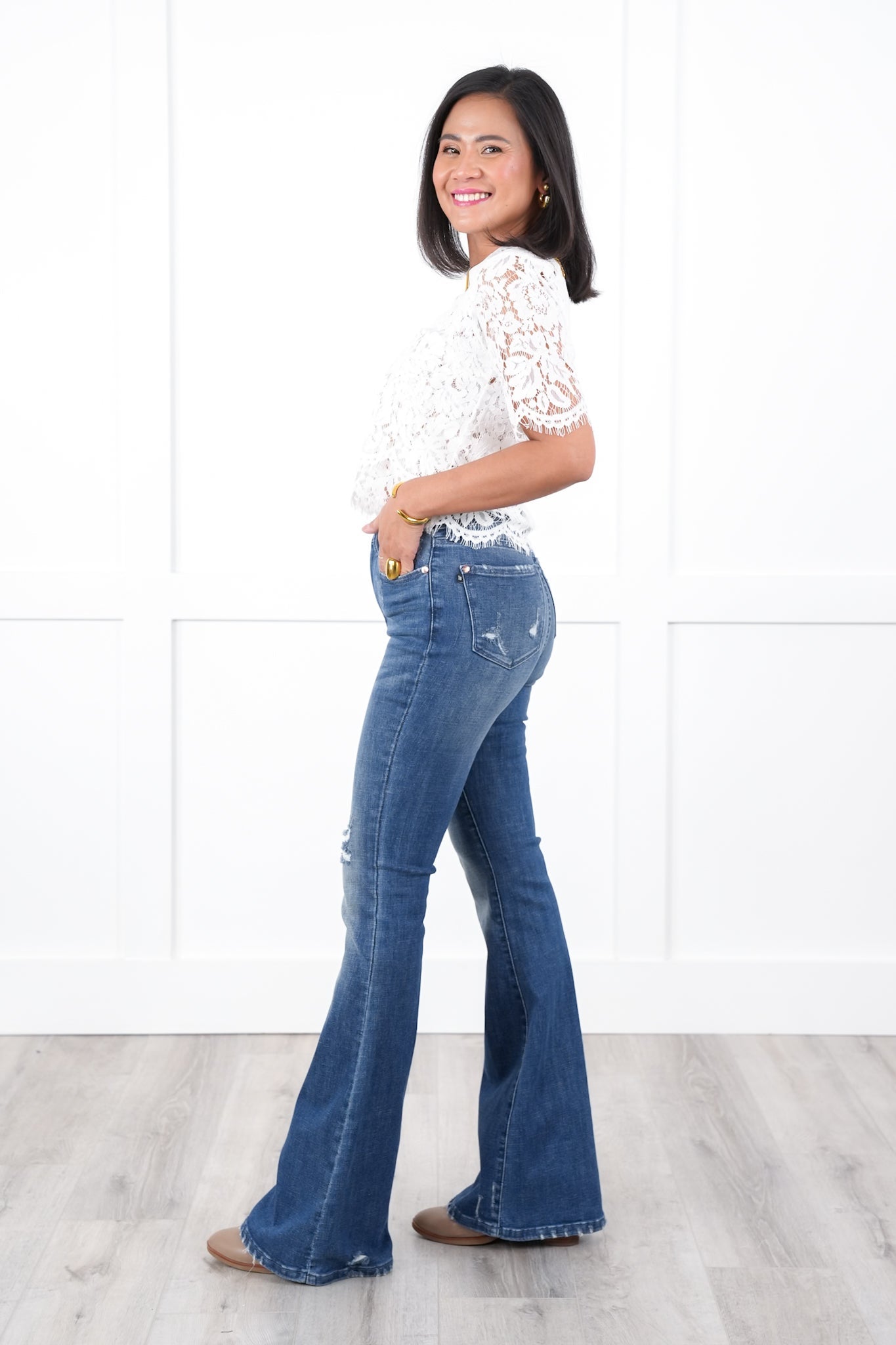 Judy Blue High Rise Dark Wash with Contrast Distressed Flare Jeans