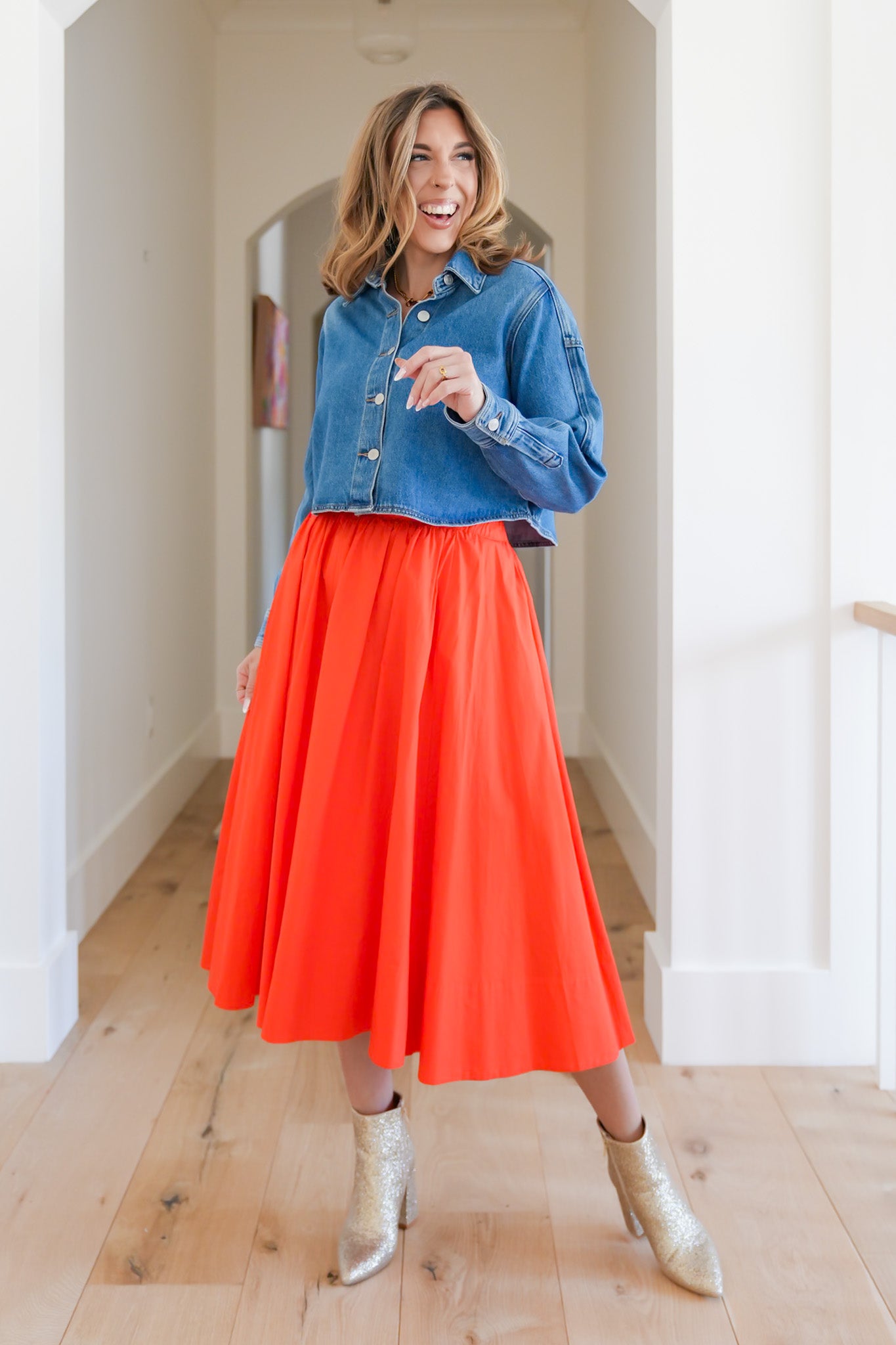 Medium Wash Long Sleeve Button Down Cropped Jacket