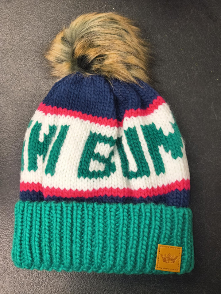 Green, Navy & Pink Ski Bum Pom Hat