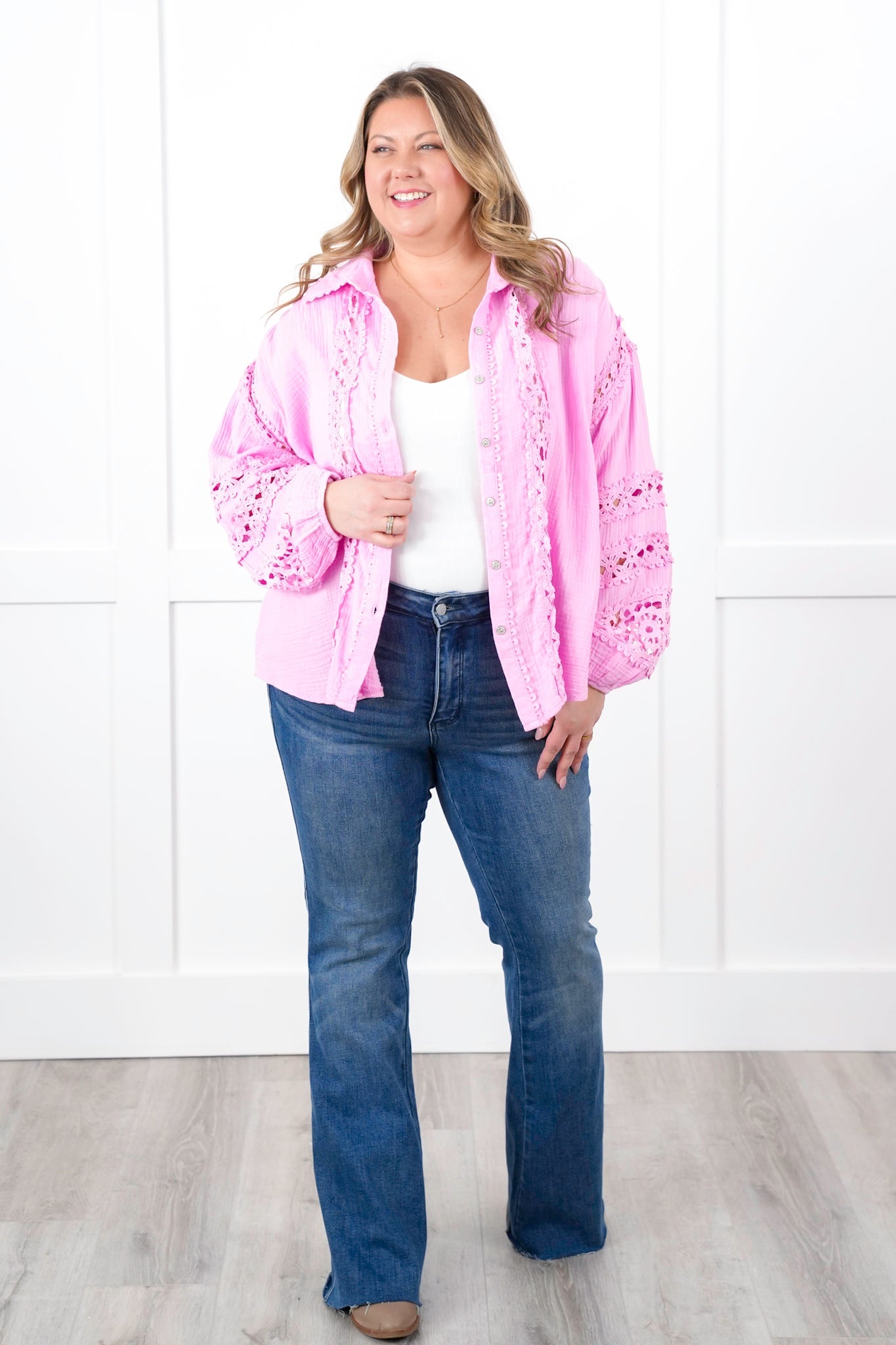 Restock! POL Gauze Long Sleeve Button Down Top with Lace Detail