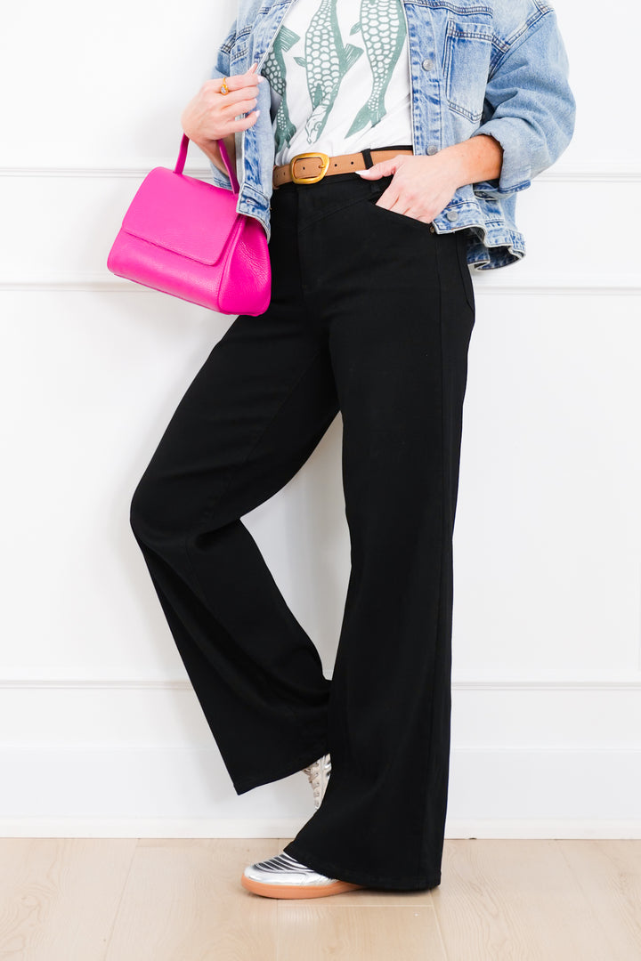 Judy Blue High Rise Black Retro Wide Leg Jeans with Slimming Yoke Seaming