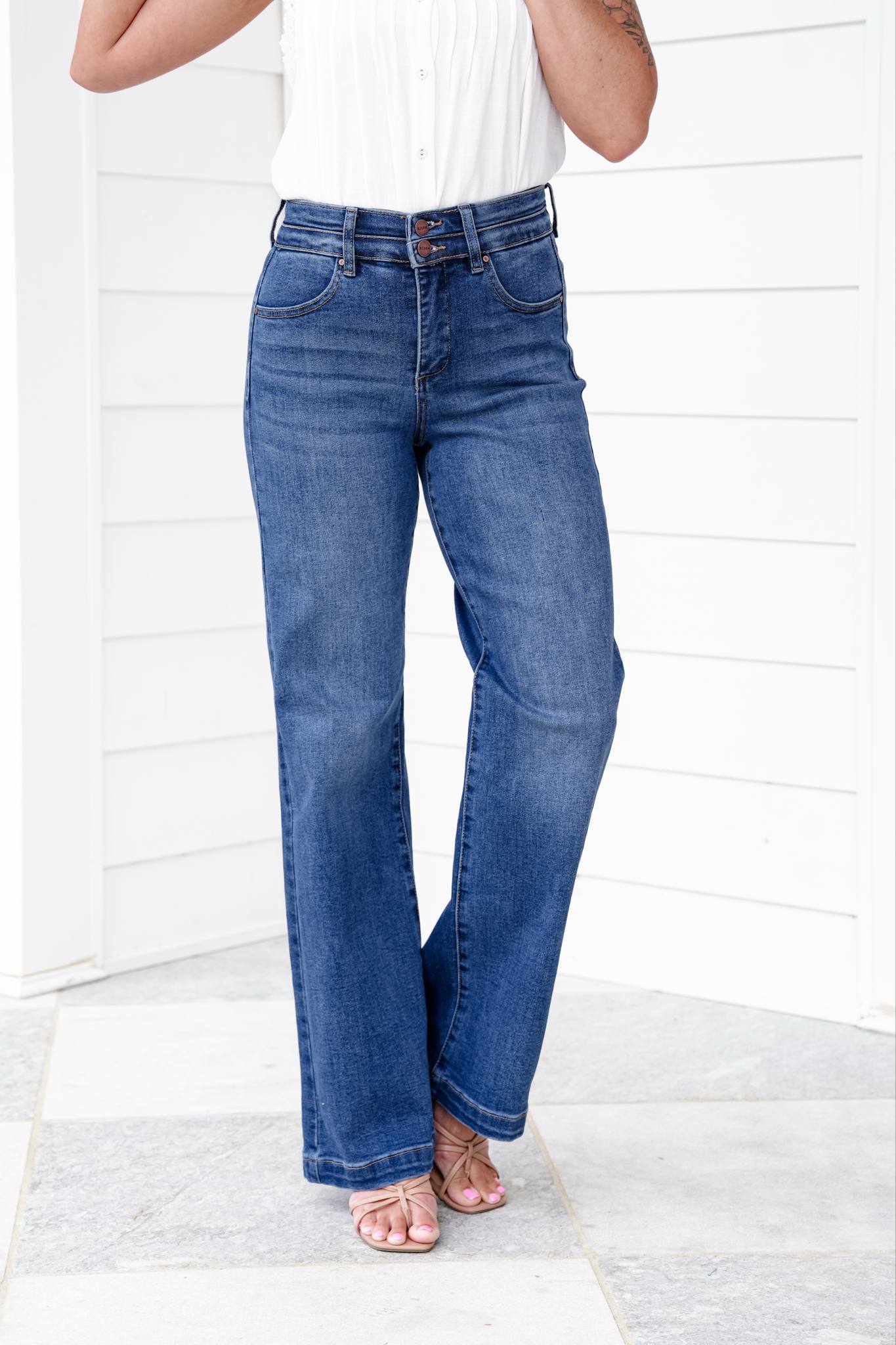 Risen Material Girl High Rise Medium Wash Tummy Control Double Button Elastic Waistband Jeans