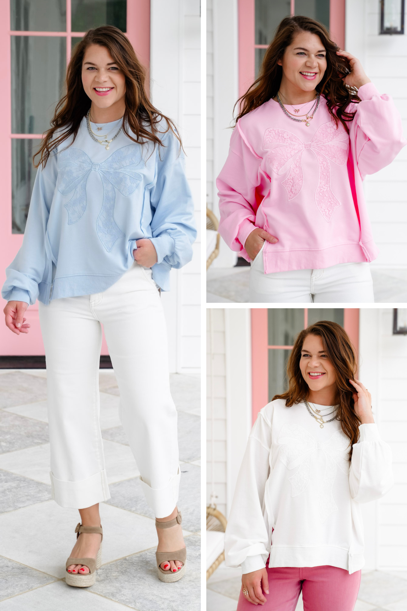 Long Sleeve Pullover Sweatshirt with Lace Bow Detail