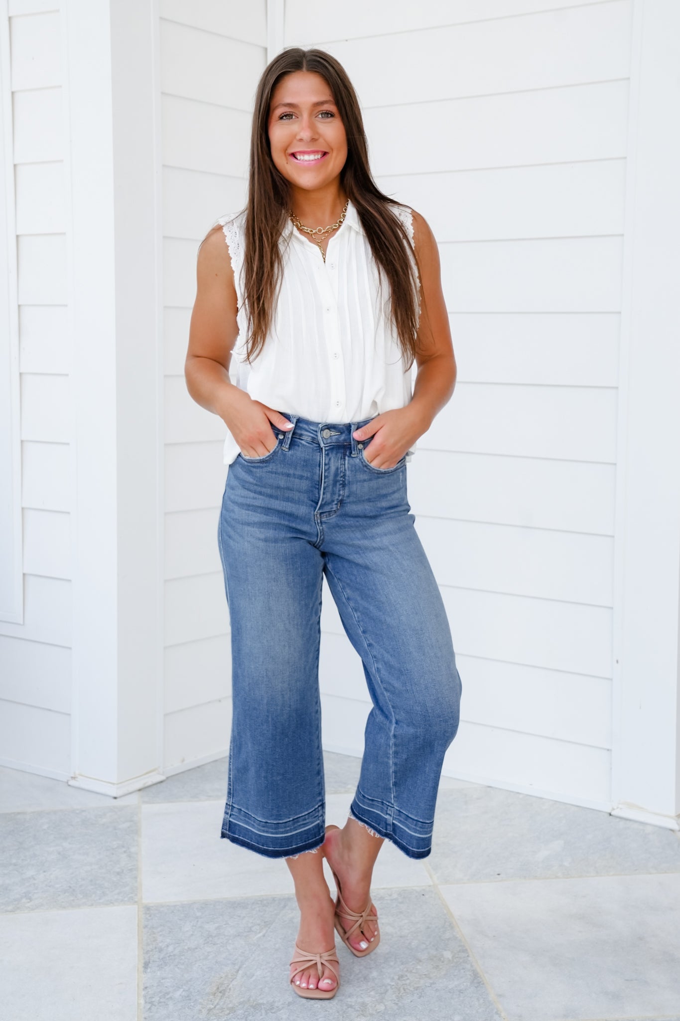 Judy Blue High Rise Medium Wash Tummy Control Cropped Wide Leg Jeans