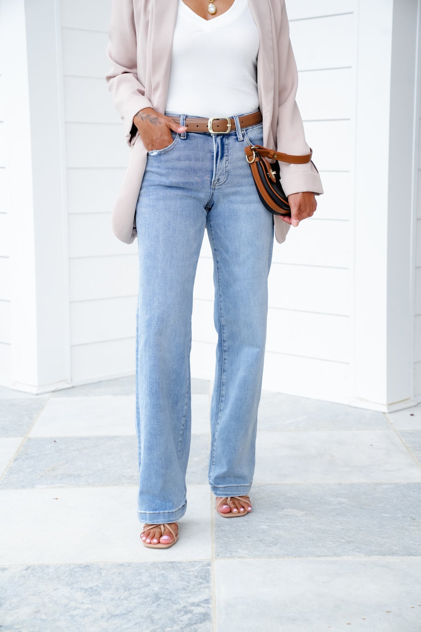 Risen Mid Rise Light Wash Tummy Control Elastic Waistband Wide Leg Jeans