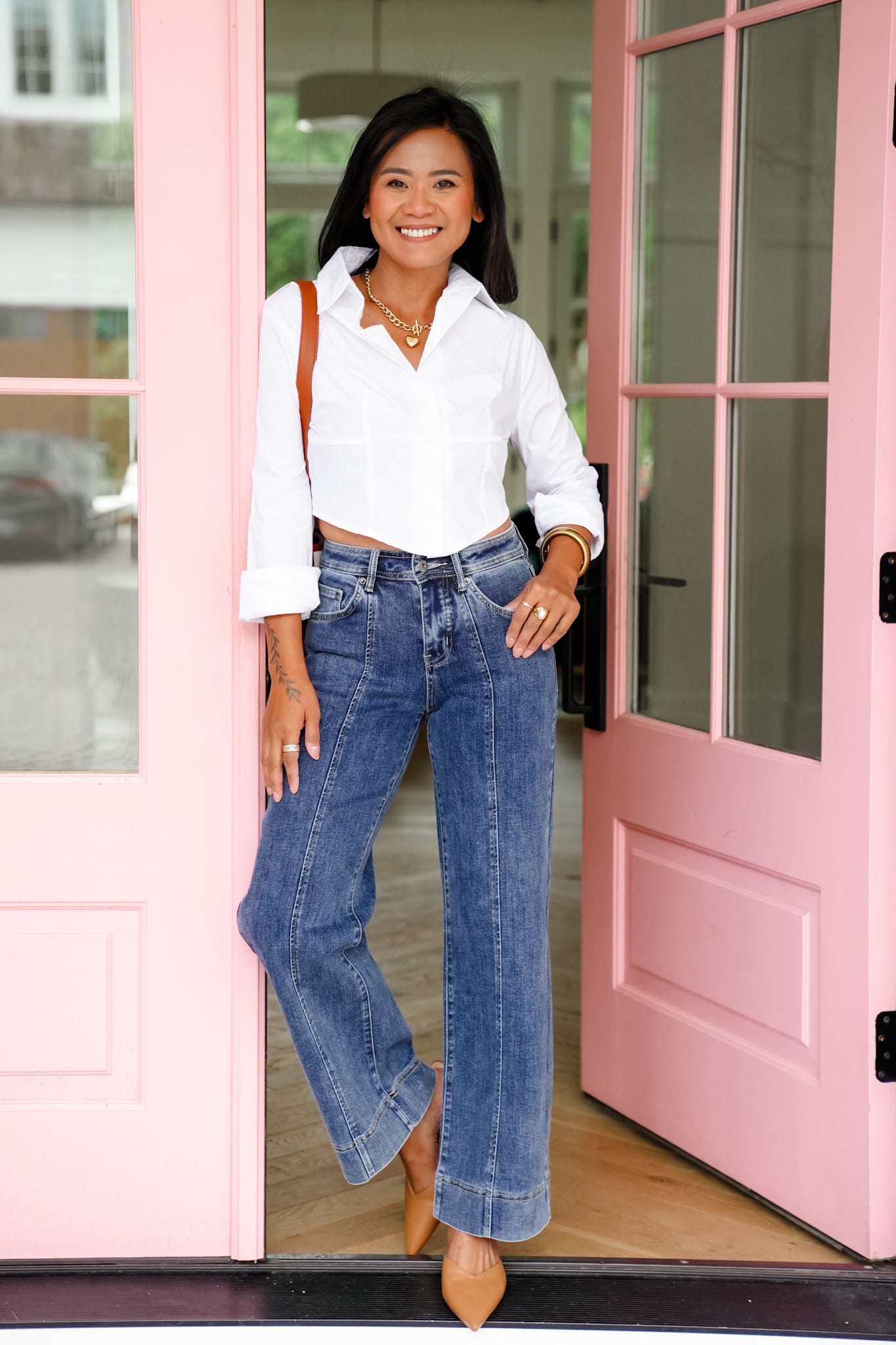 Mica High Rise Dark Wash Wide Leg Jeans with Front Seam Detail