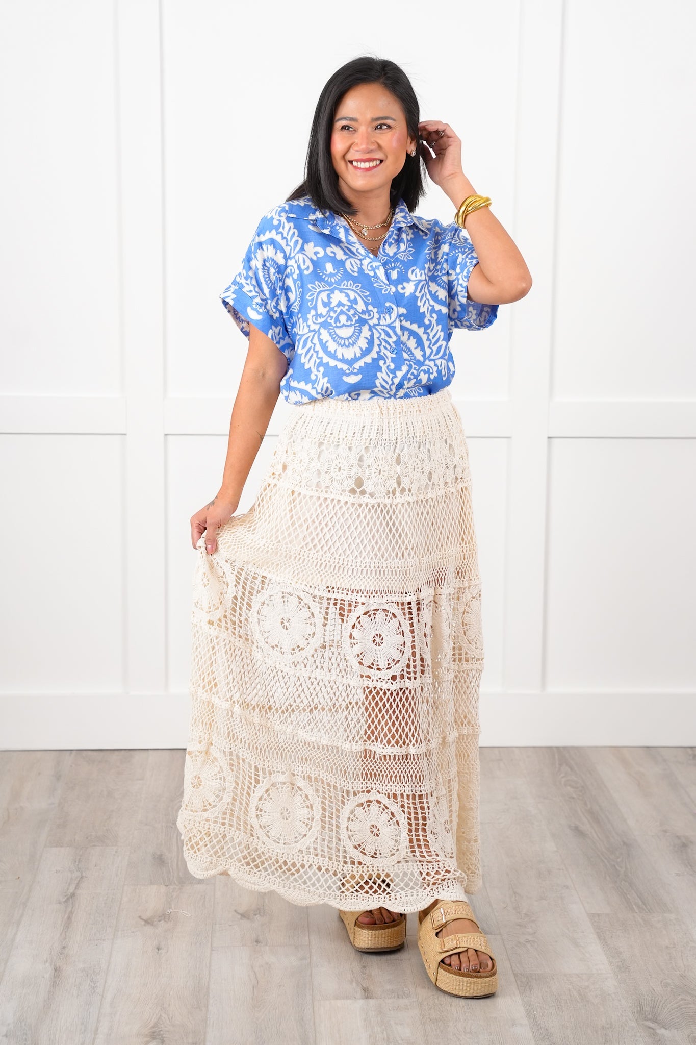 Blue Geometric Print Short Sleeve Button Down Top
