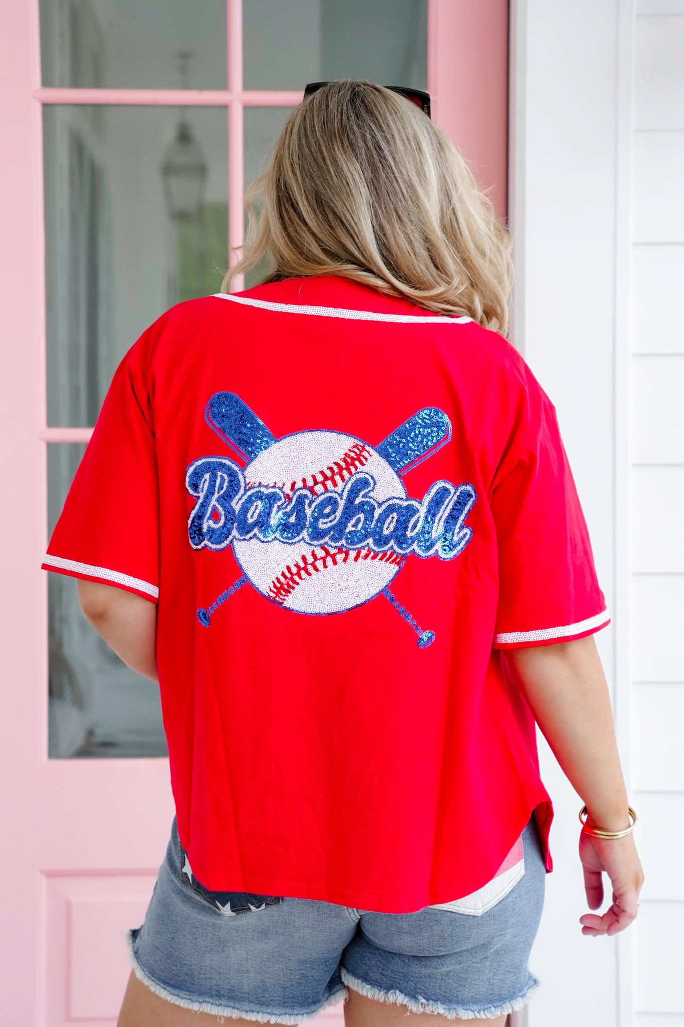 Red Short Sleeve Button Down Baseball Top with Sequin Detail