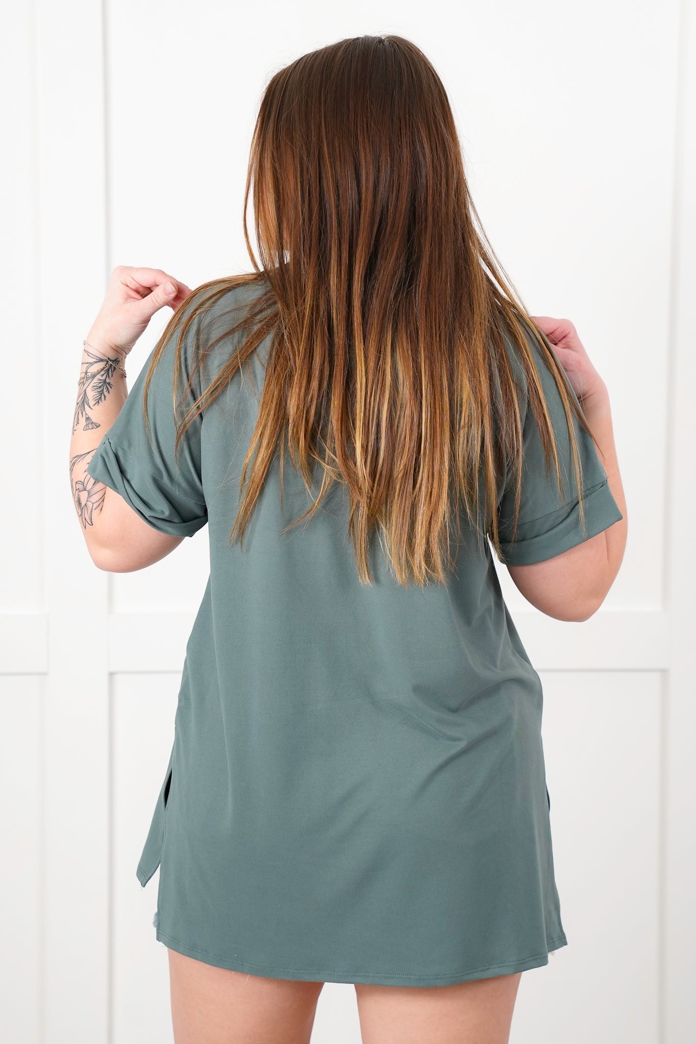 Door Buster! Zenana Rolled Short Sleeve V-Neck Top with Side Slit High-Low Hem