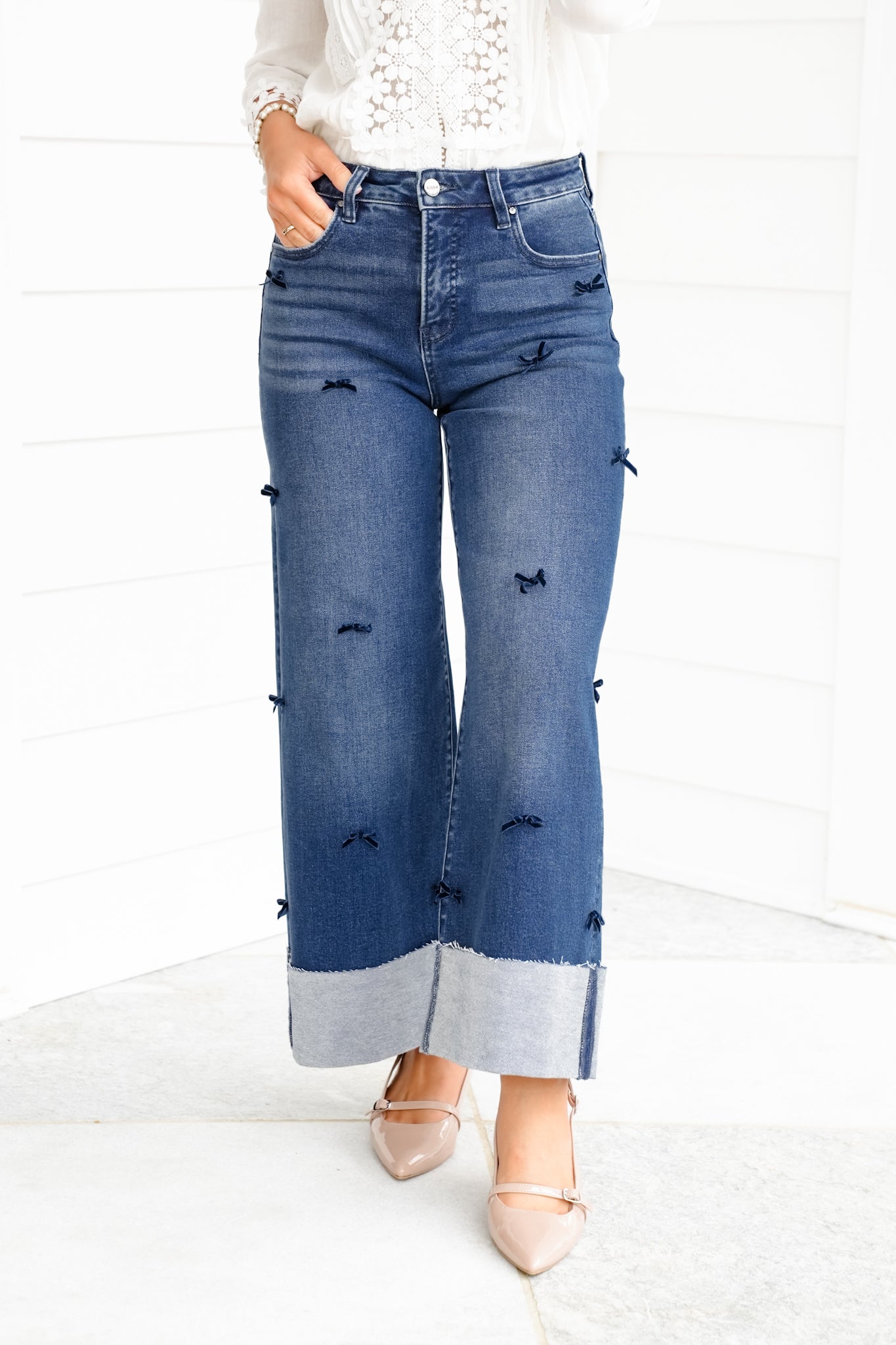 Risen High Rise Dark Wash Tummy Control Crop Wide Leg Jeans with Bows