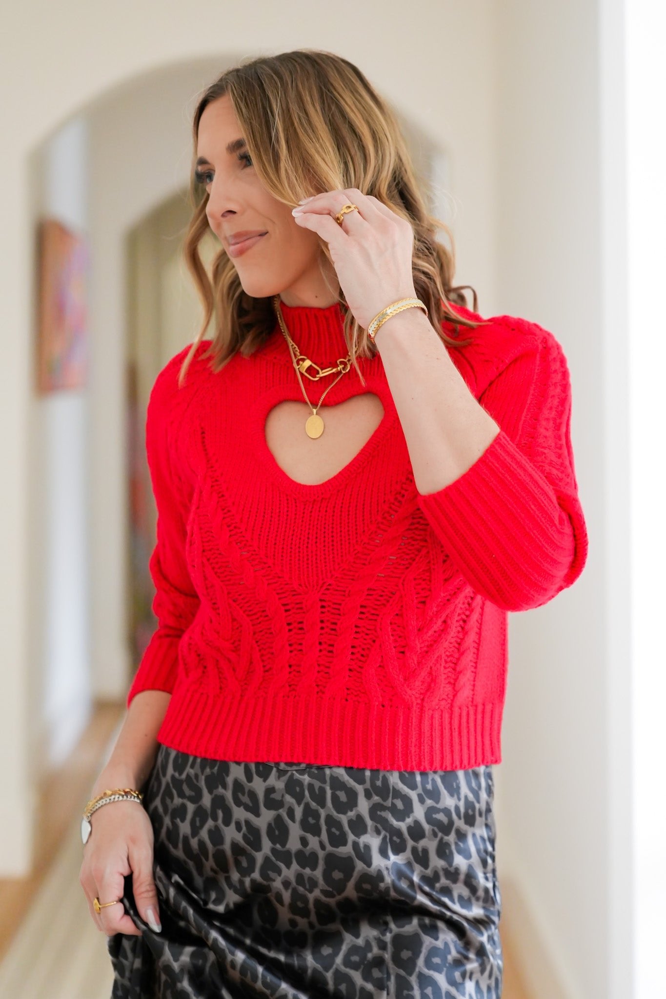 Long Sleeve Pullover Crop Sweater with Heart Cut Out Detail - Freckled Poppy