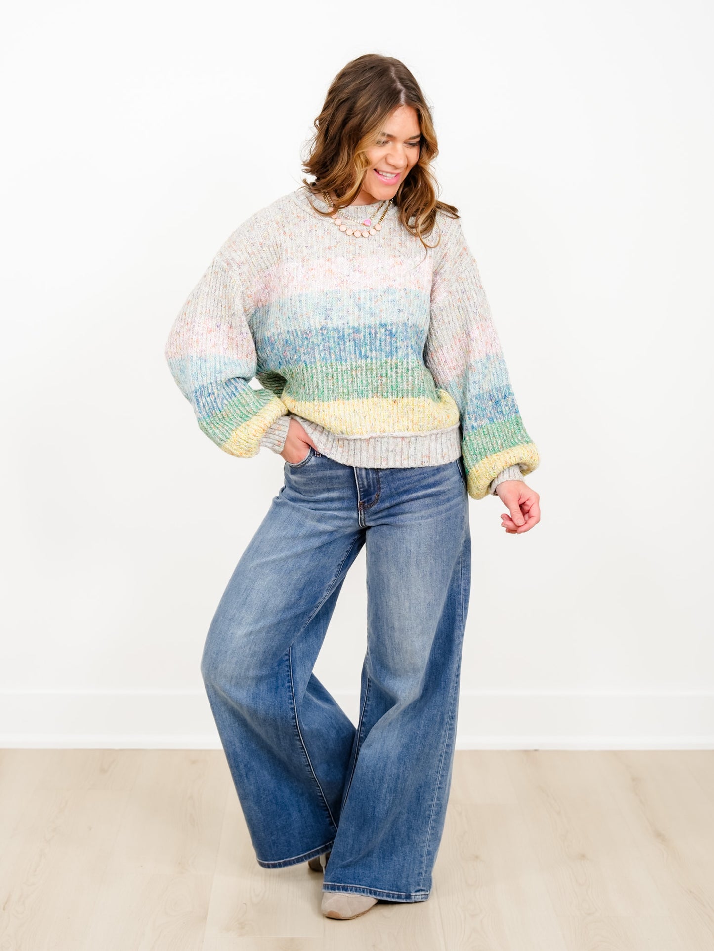 POL Rainbow Stripe Long Sleeve Pullover Sweater
