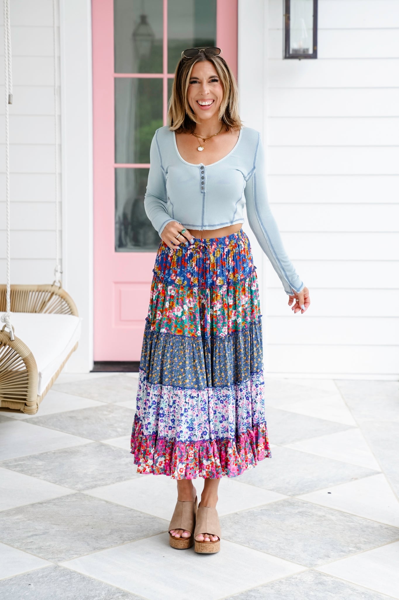 Plus/Reg Mixed Floral Print Elastic Waist Tiered Skirt