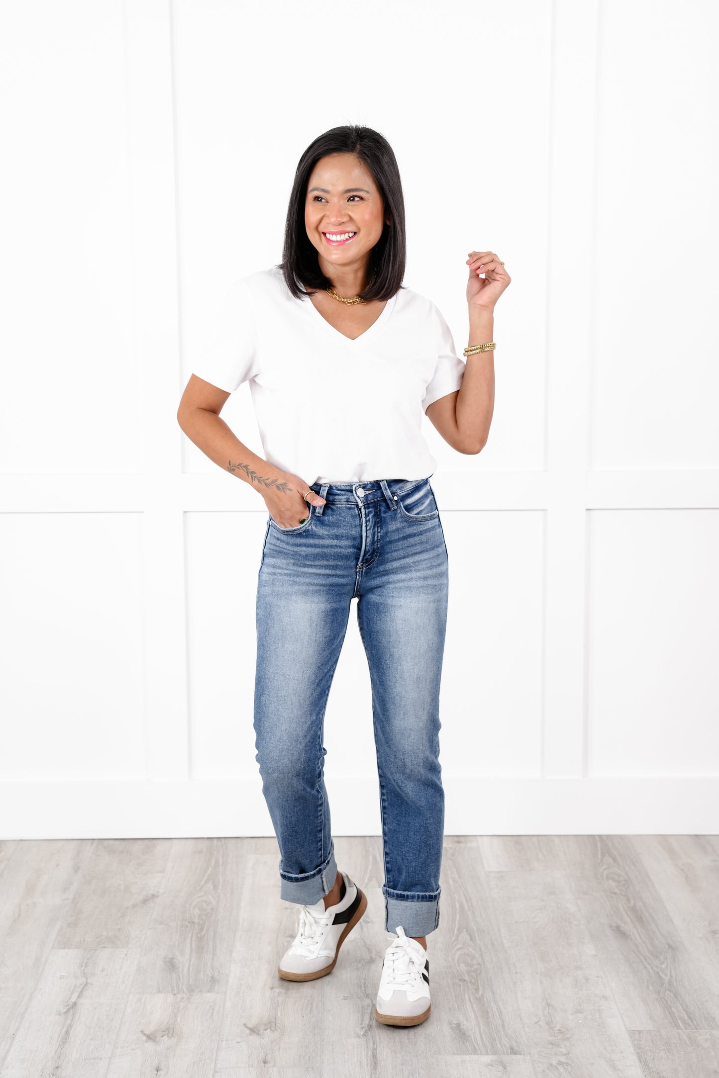 Risen High Rise Medium Wash Tummy Control Straight Leg Cuffed Jeans