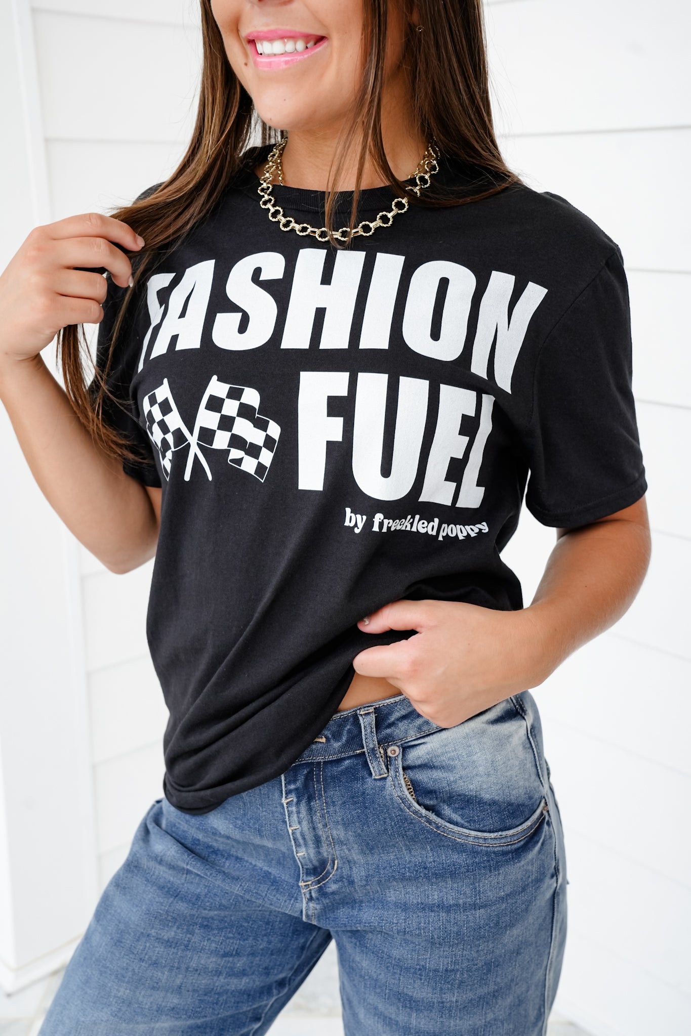 Plus/Reg Black Short Sleeve "Fashion Fuel By Freckled Poppy" Graphic Tee with Racing Flag