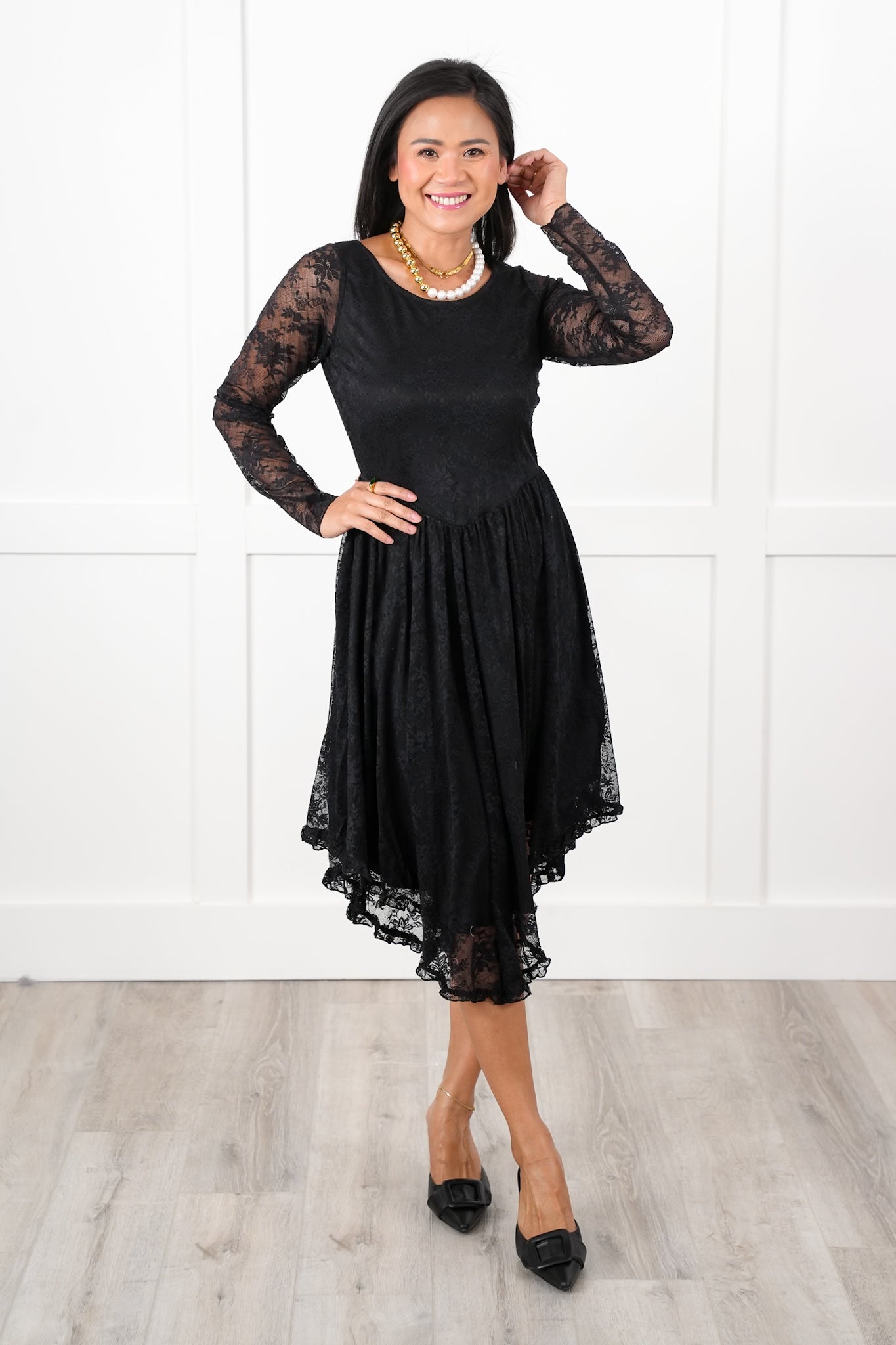 Black Lace Long Sleeve Layered Midi Dress