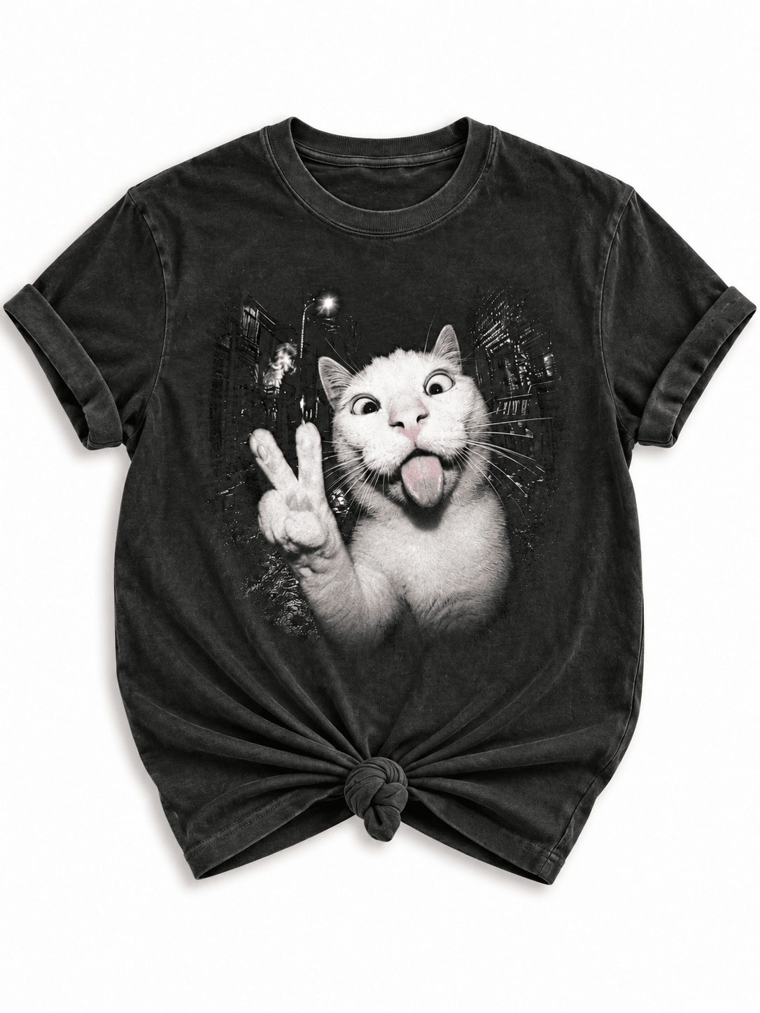 Plus/Reg Short Sleeve Playful Peace Sign Cat Graphic Tee - Freckled Poppy