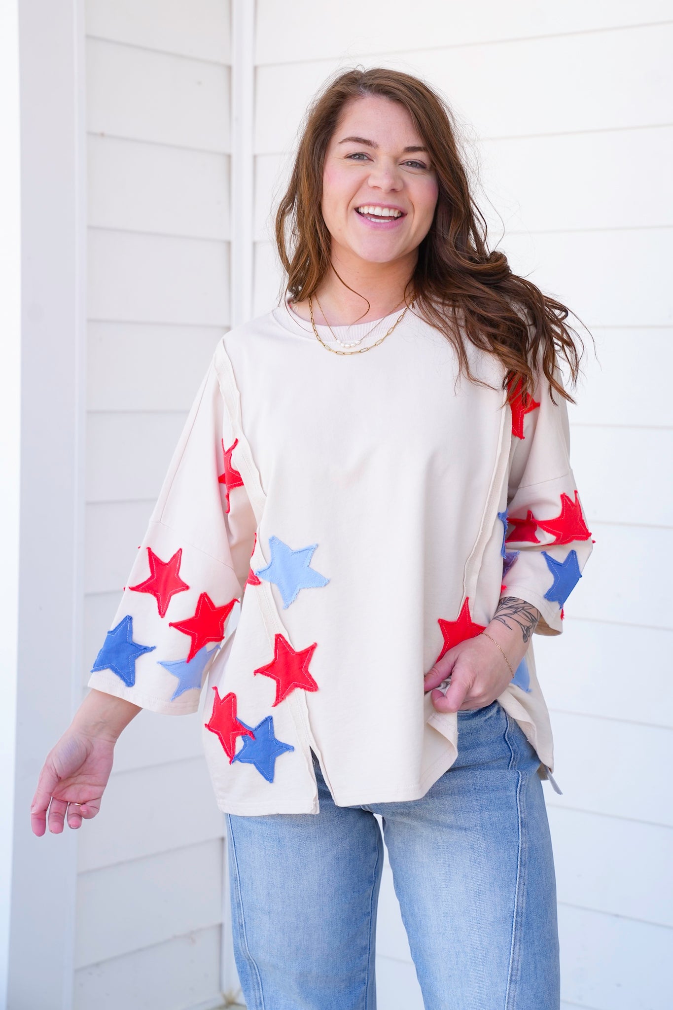 Restock! Plus/Reg Knit 3/4 Sleeve Pullover Top with Star Patch Detail