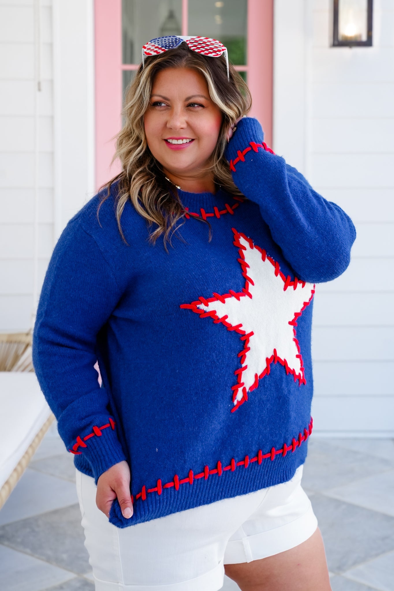 Blue Long Sleeve Pullover Sweater with Star Patch Detail