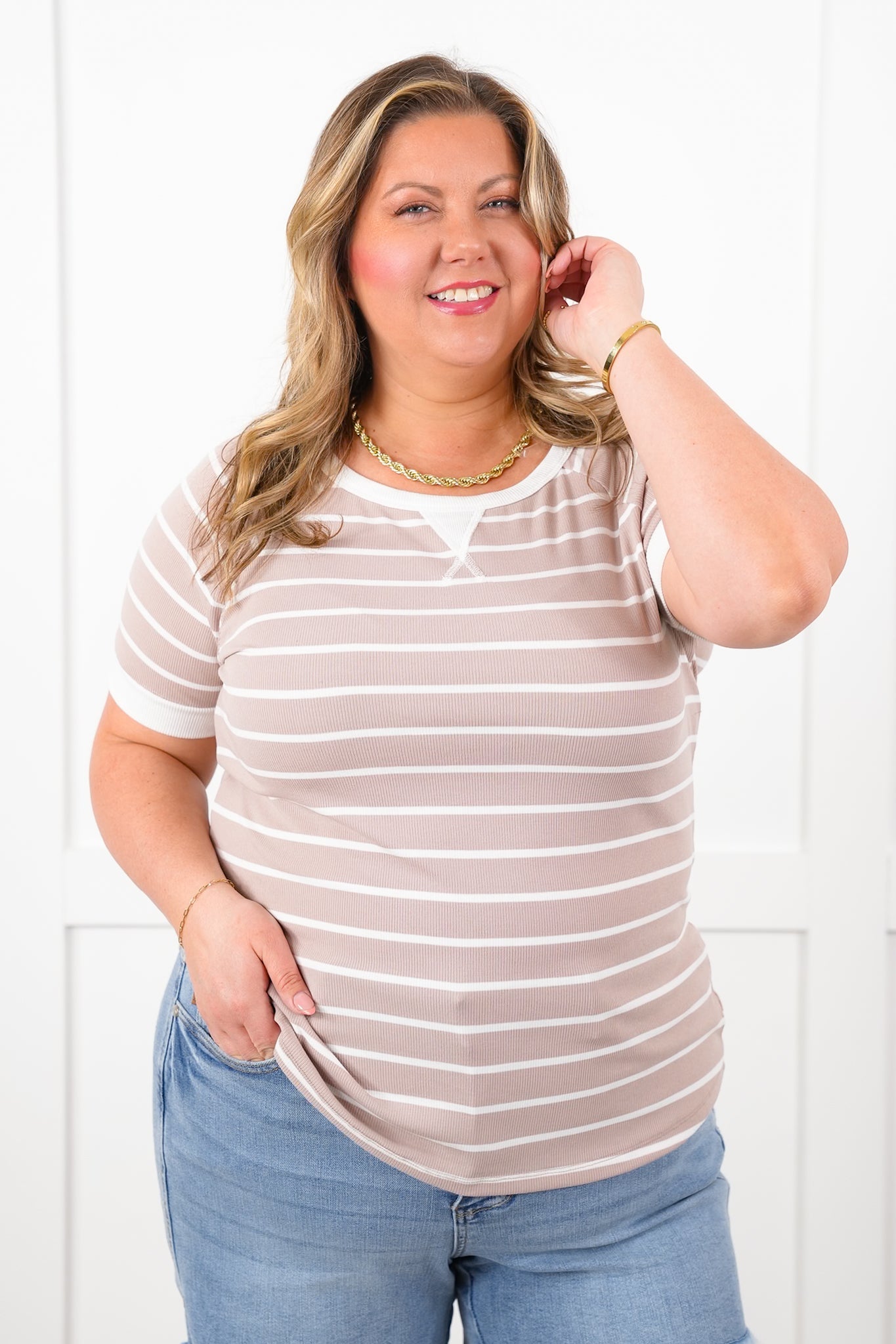 Stripe Short Sleeve Round Neck Top