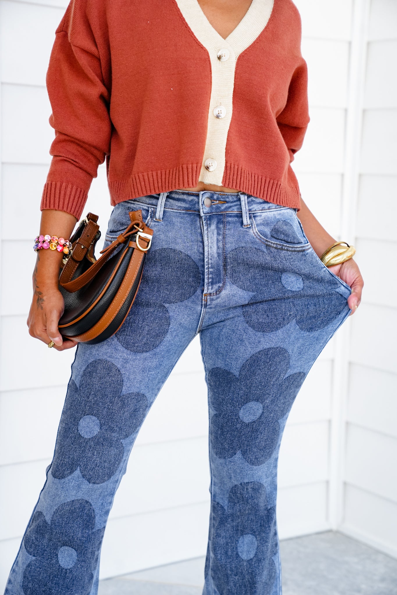 Medium Wash Retro Flower Print Boot Cut Jeans