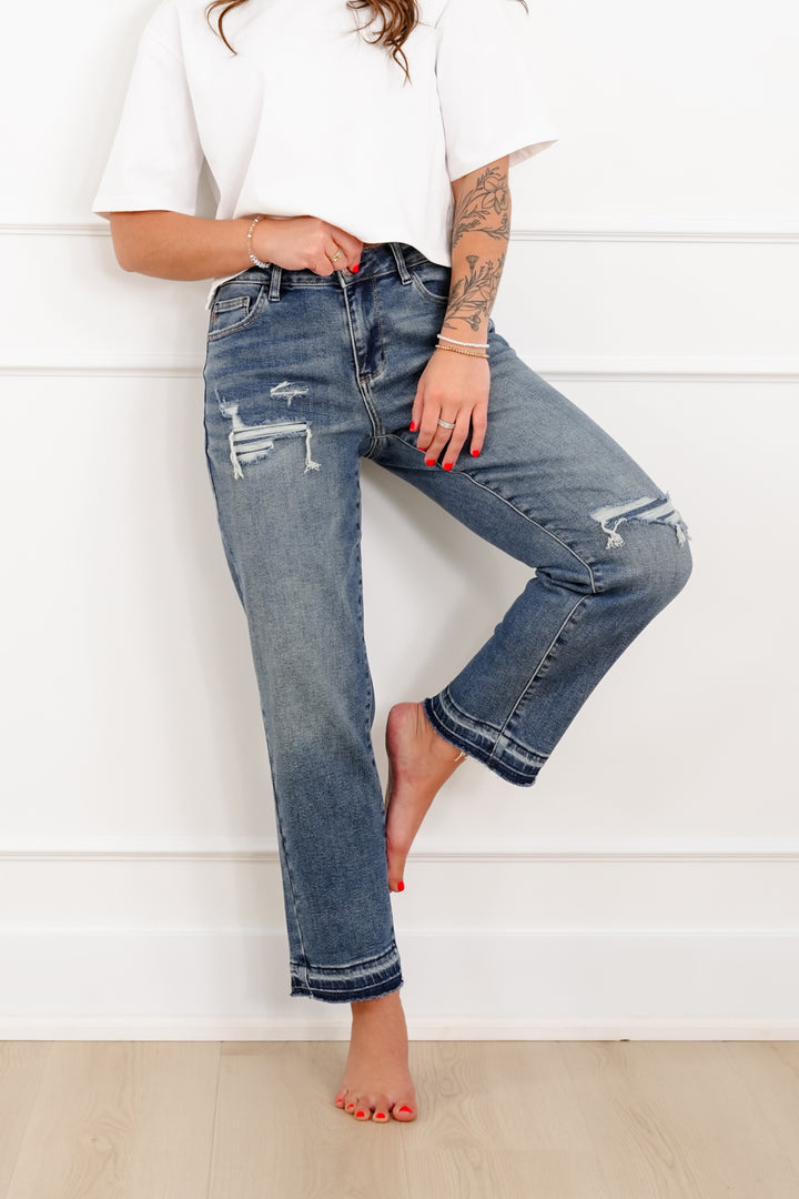 Judy Blue Mid Rise Medium Wash Distressed Patch & Repair Boyfriend Jeans with Released Hem
