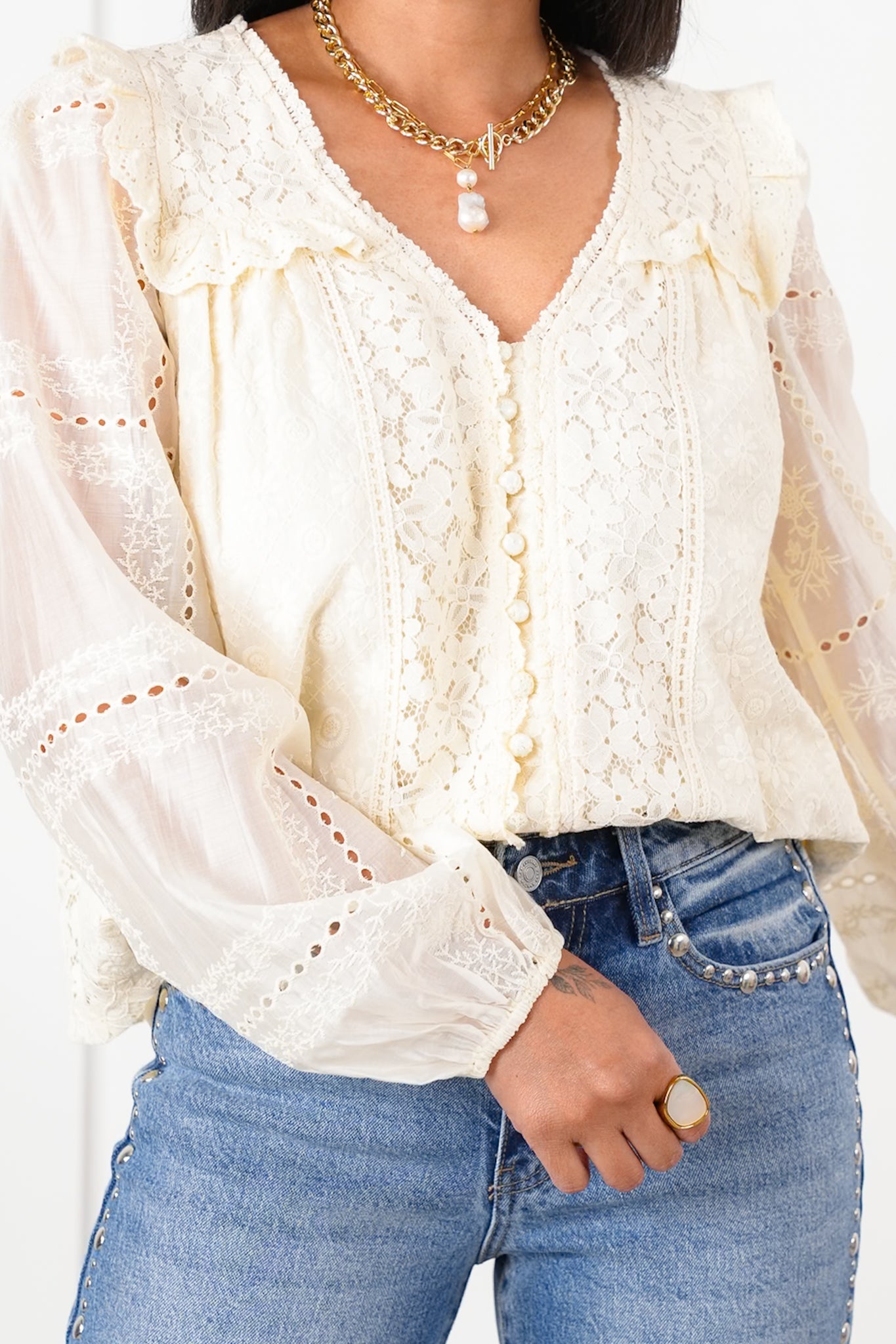 Embroidered Lace Long Sleeve Button Down Blouse