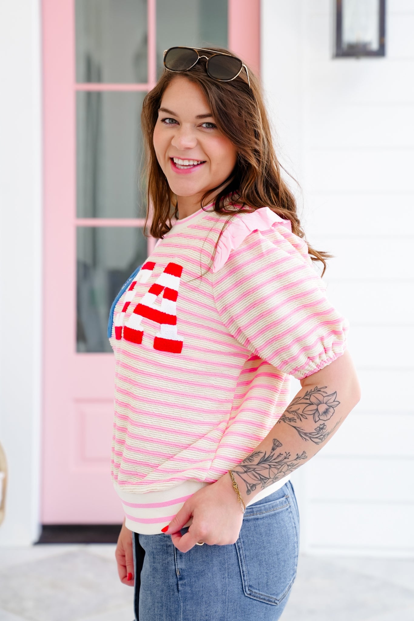 Stripe Short Sleeve "USA" Patchwork Top with Ruffle Detail