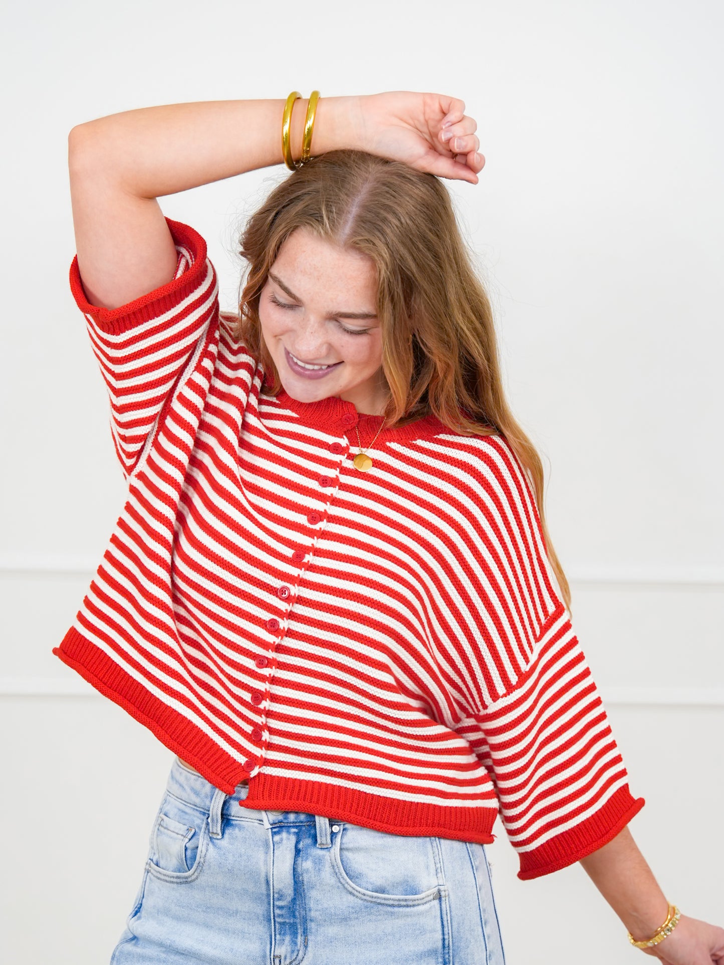 Red Stripe 3/4 Sleeve Button Down Cardigan