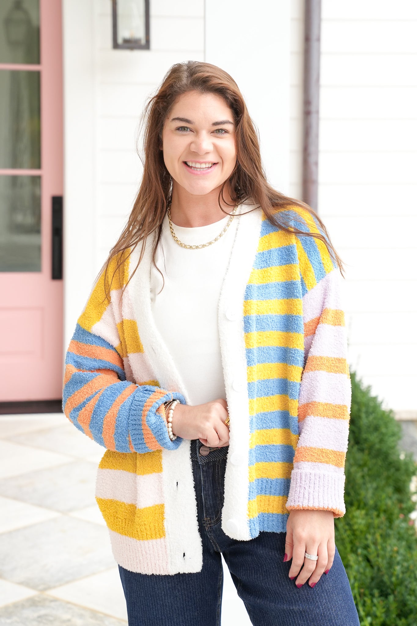 Plus/Reg Stripe Long Sleeve Button Down Cardigan