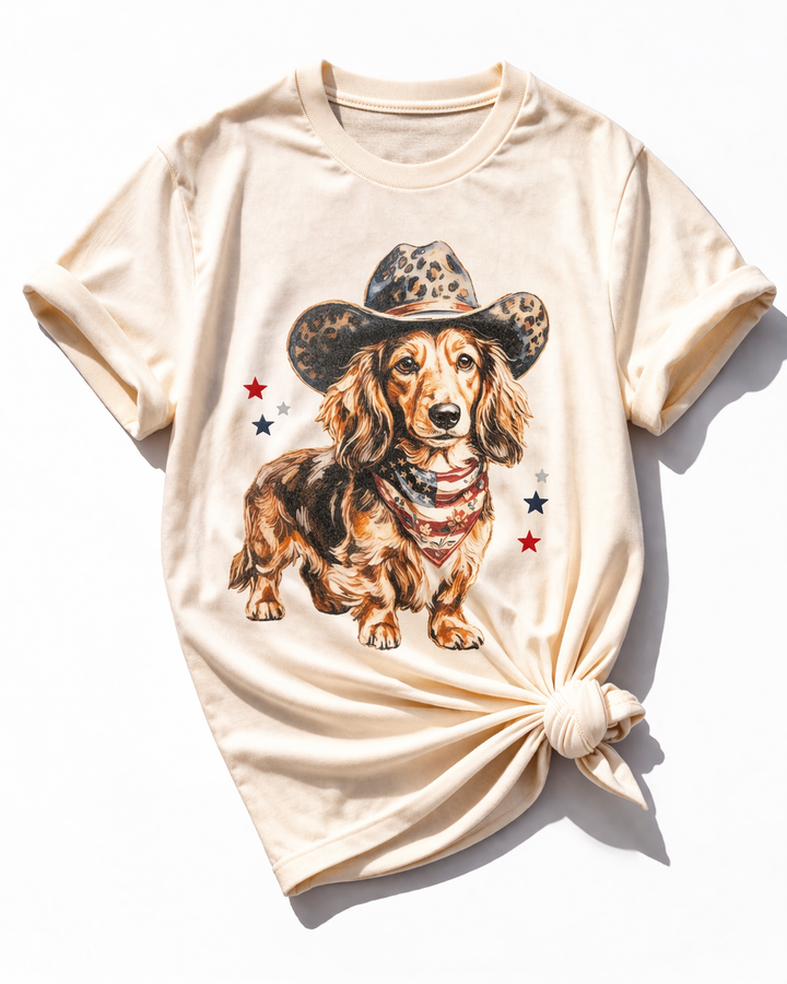 Plus/Reg Short Sleeve "American Cowboy Hat Dachsund" Graphic Tee