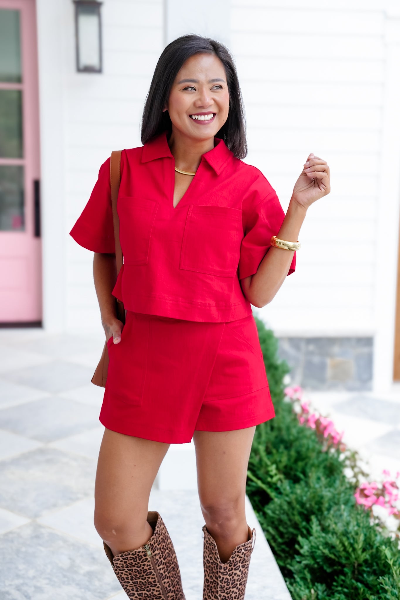 Short Sleeve V Neck Top and Skort Set