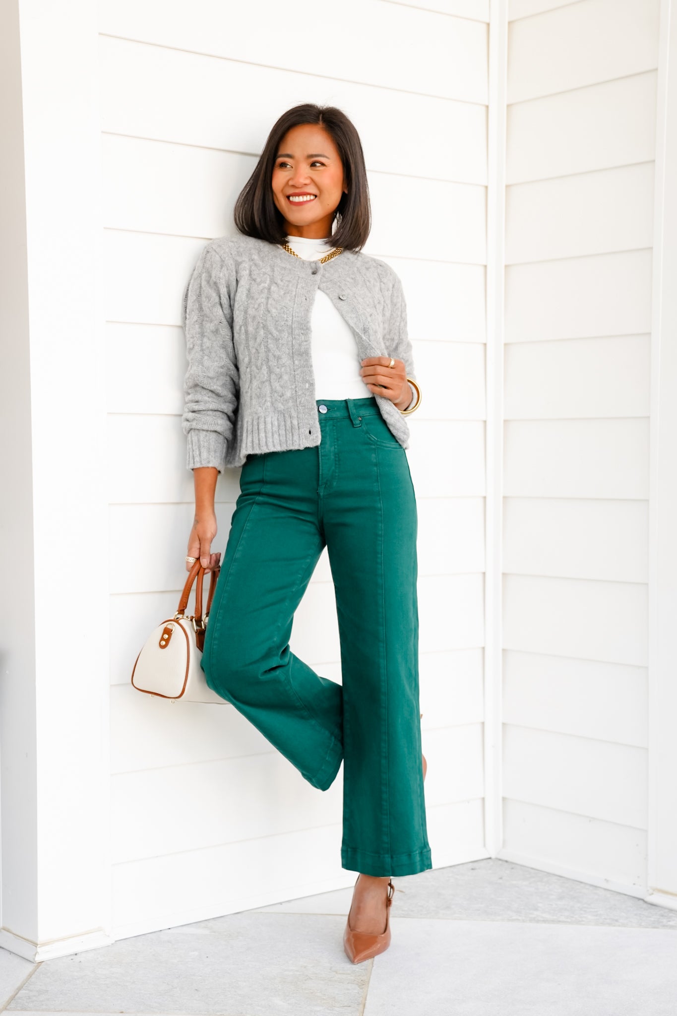 Risen High Rise Green Cropped Wide Leg Jeans