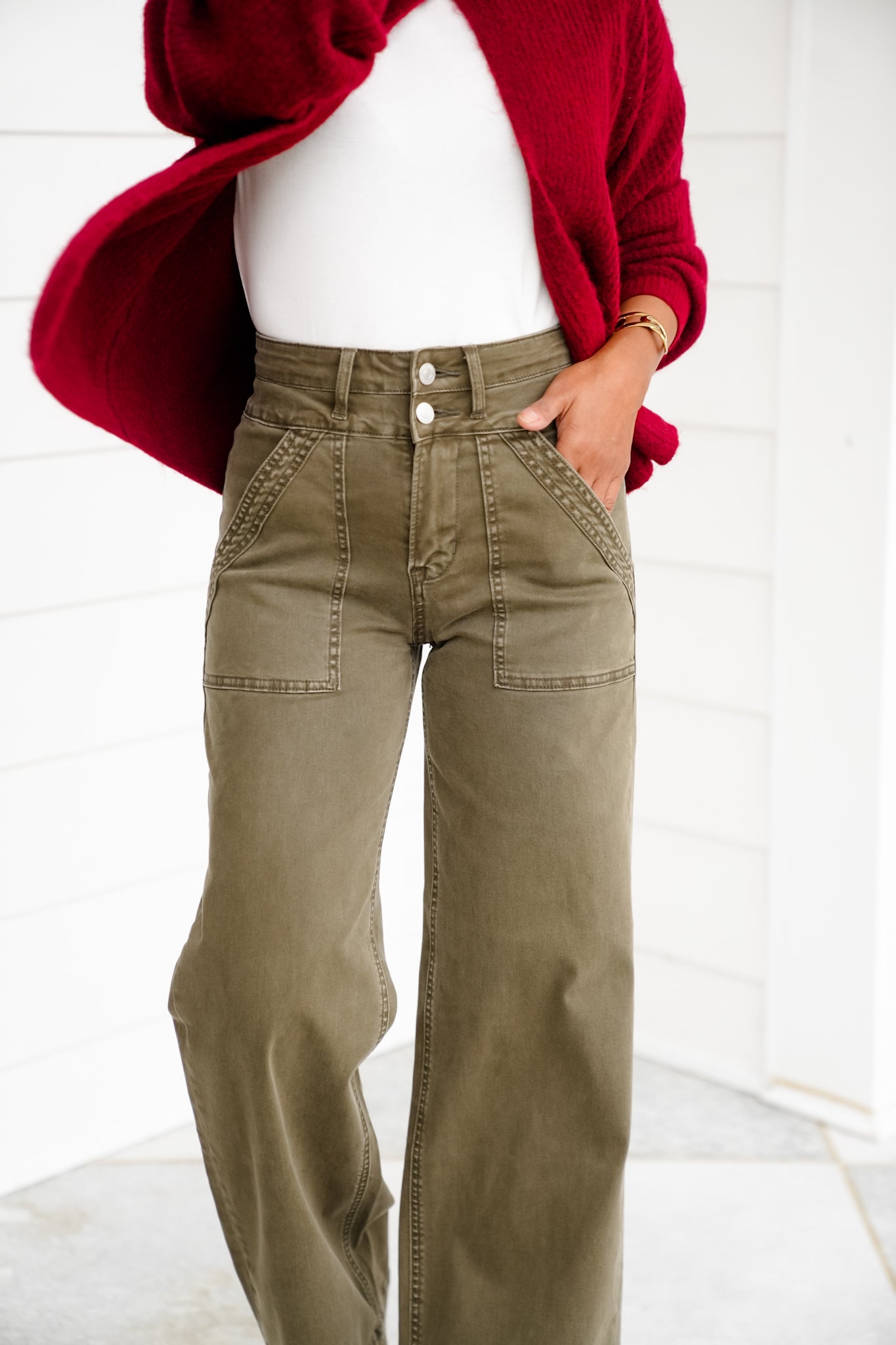 Mica High Rise Green Double Waistband Wide Leg Jeans